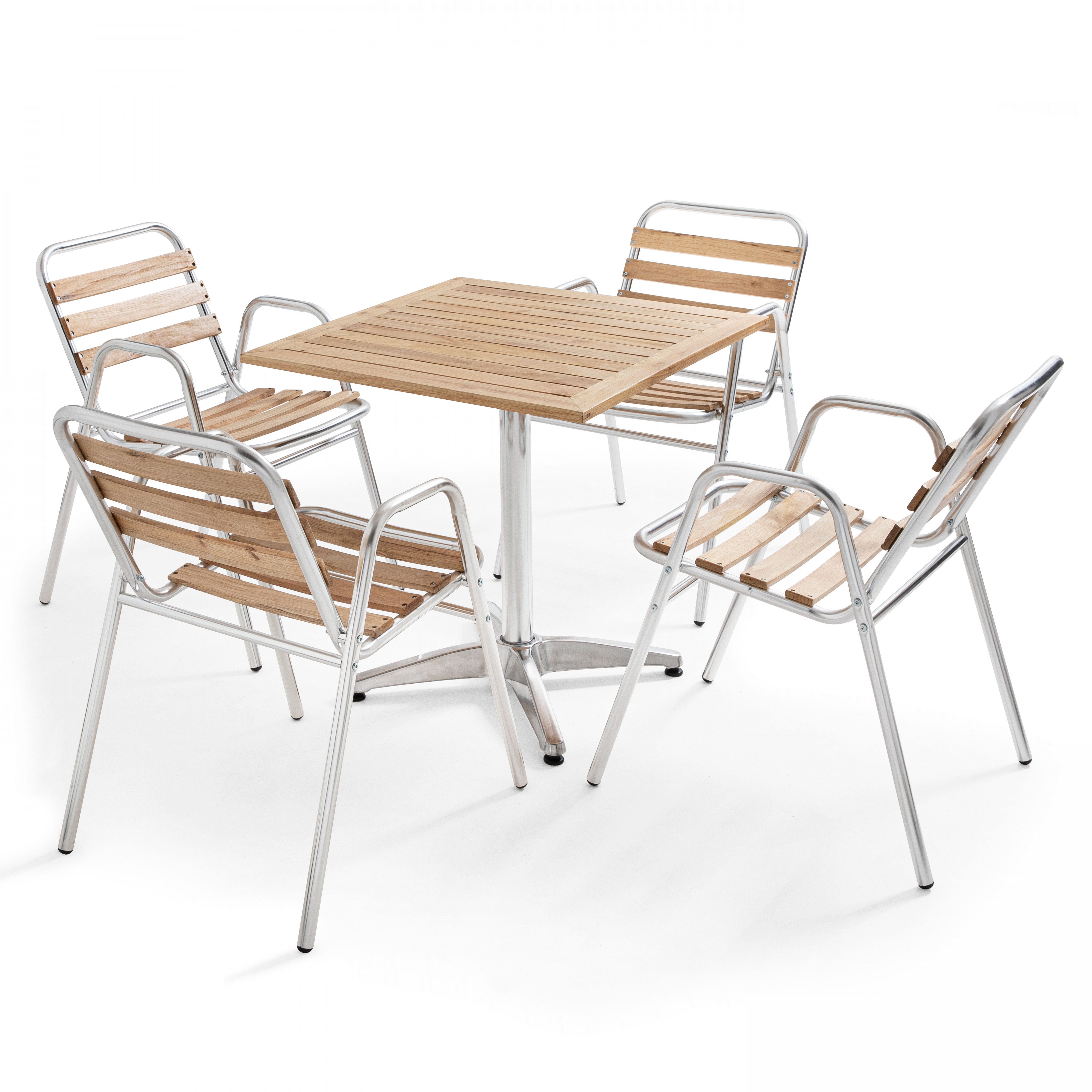 Ensemble terrasse, table carrée et 4 chaises avec accoudoirs en bois et aluminium
