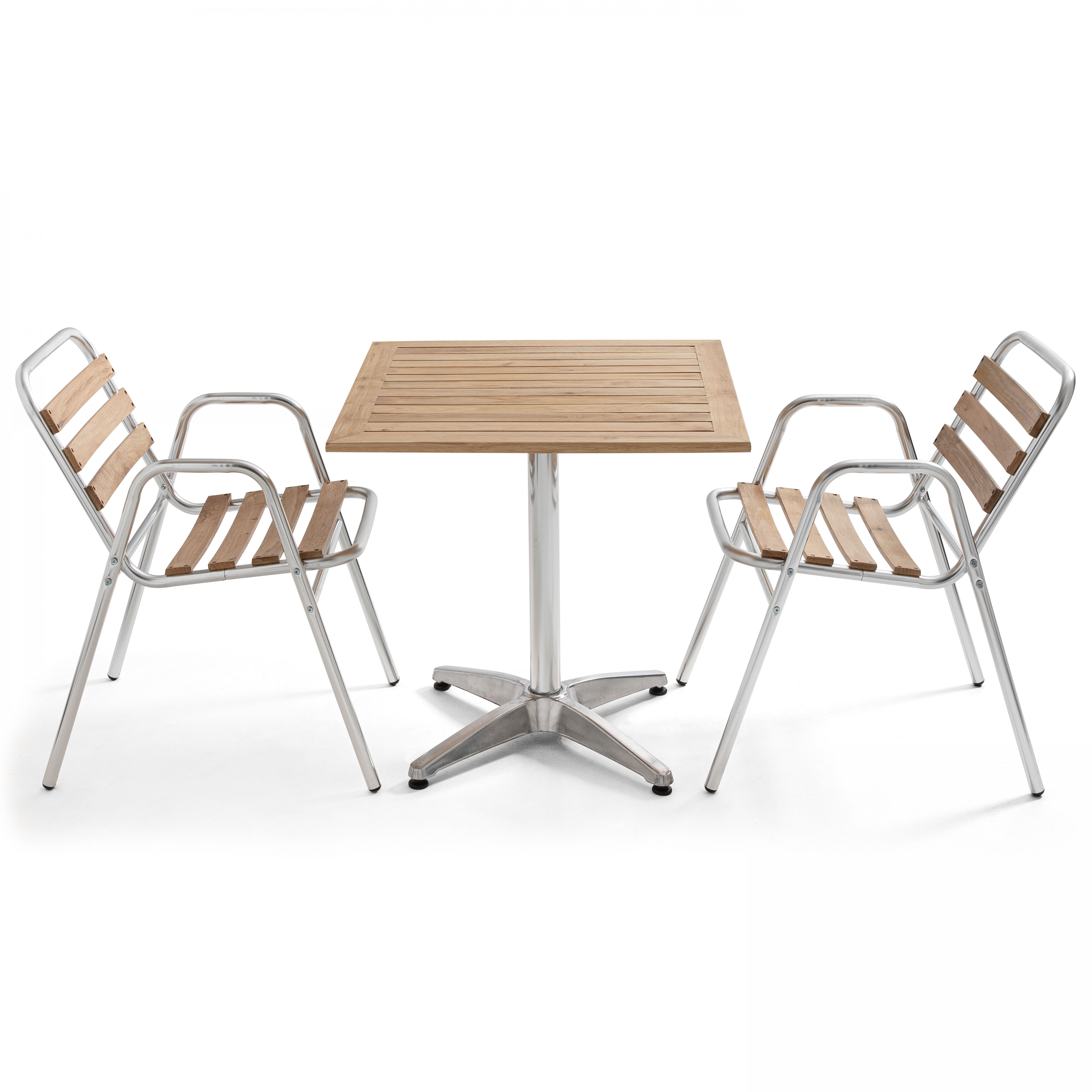 Ensemble terrasse, table carrée et 2 chaises avec accoudoirs en bois et aluminium