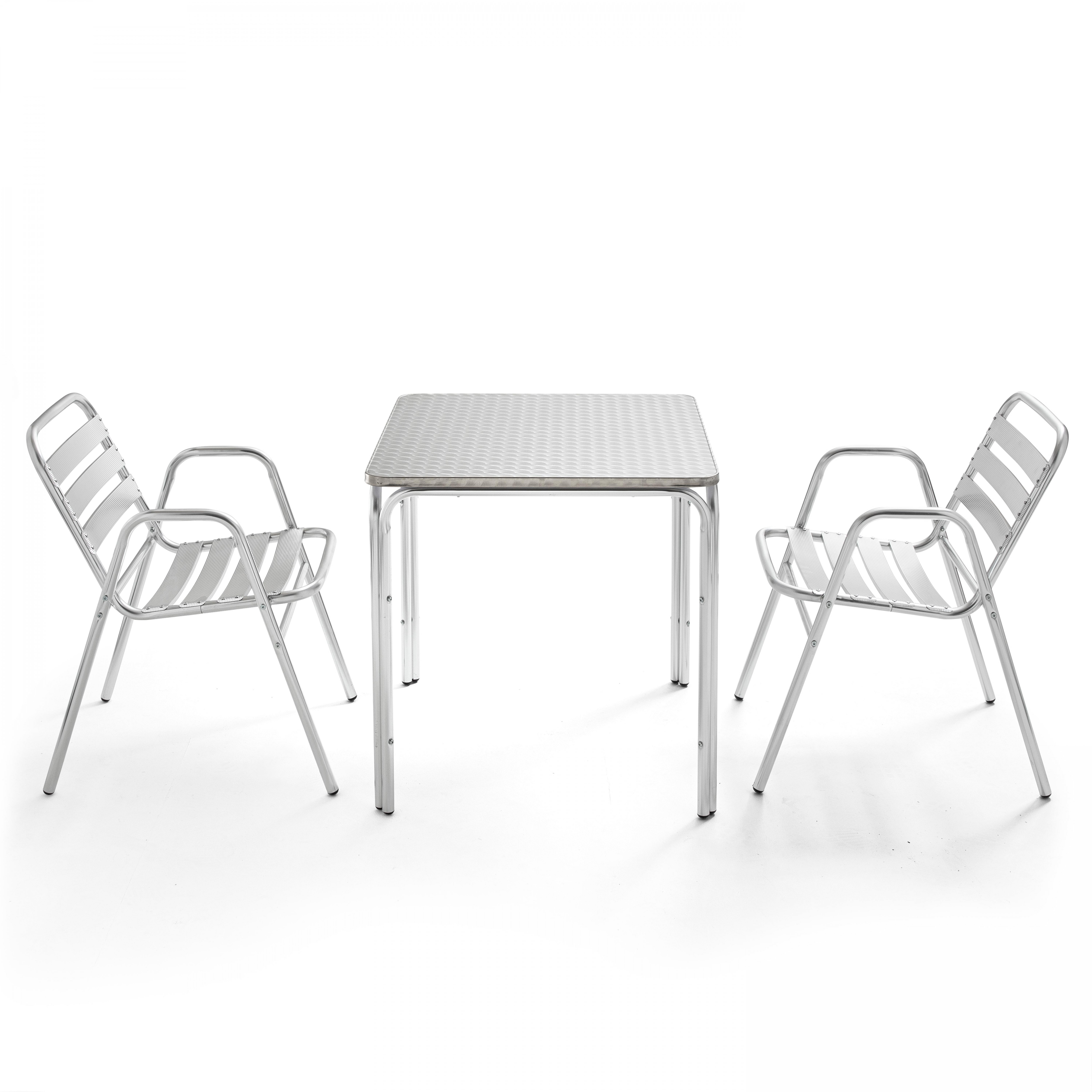 Table de jardin carrée 70 x 70 cm en aluminium et 2 chaises avec accoudoirs