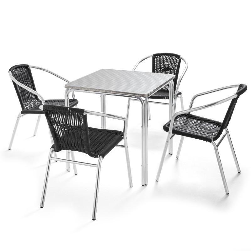 Table carrée bistro et 4 fauteuils en résine noir