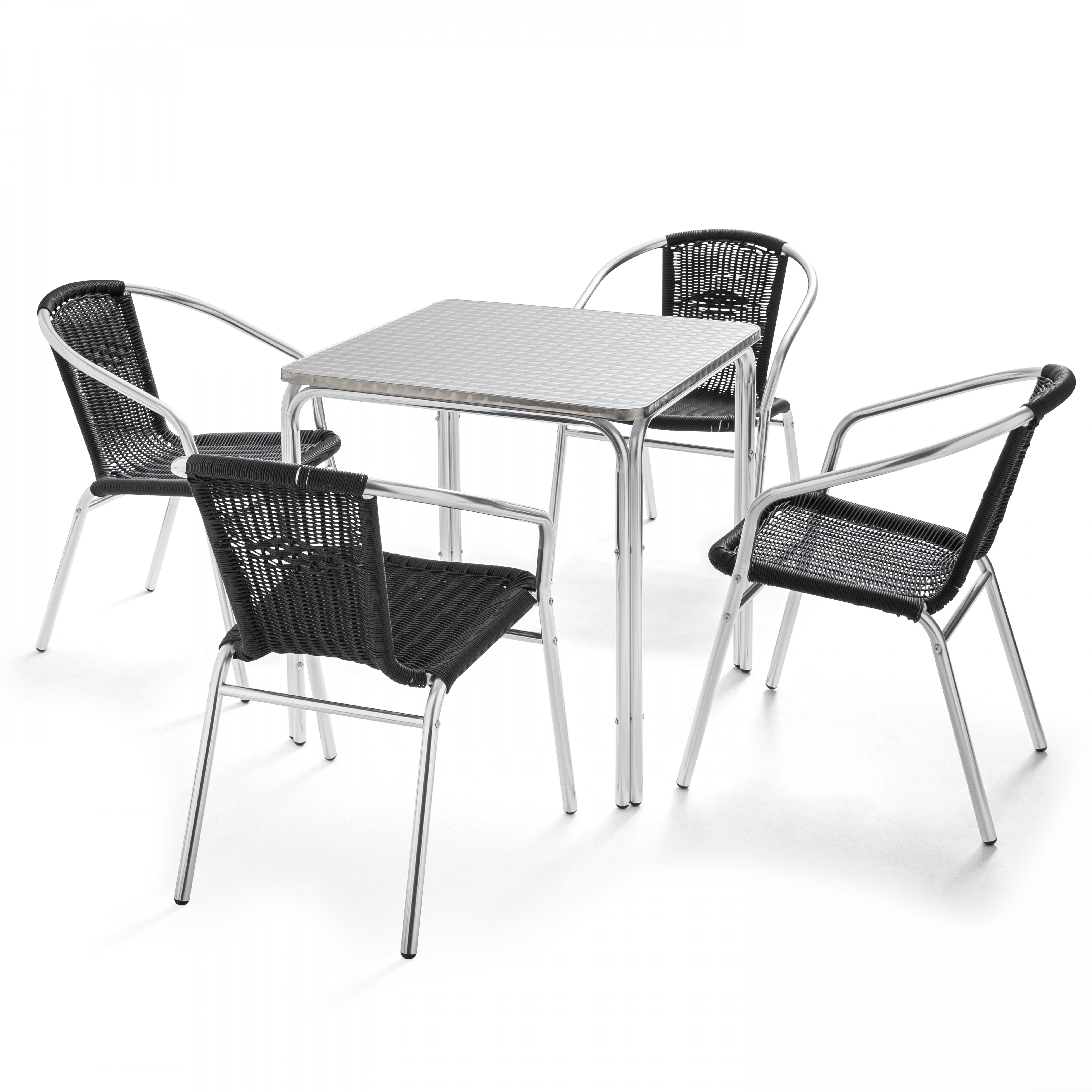 Table de jardin carrée 70 x 70 cm et 4 chaises avec accoudoirs en résine tressé empilables