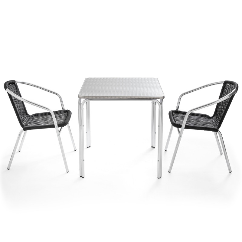 Table bistro carrée et 2 fauteuils en résine NOIRE
