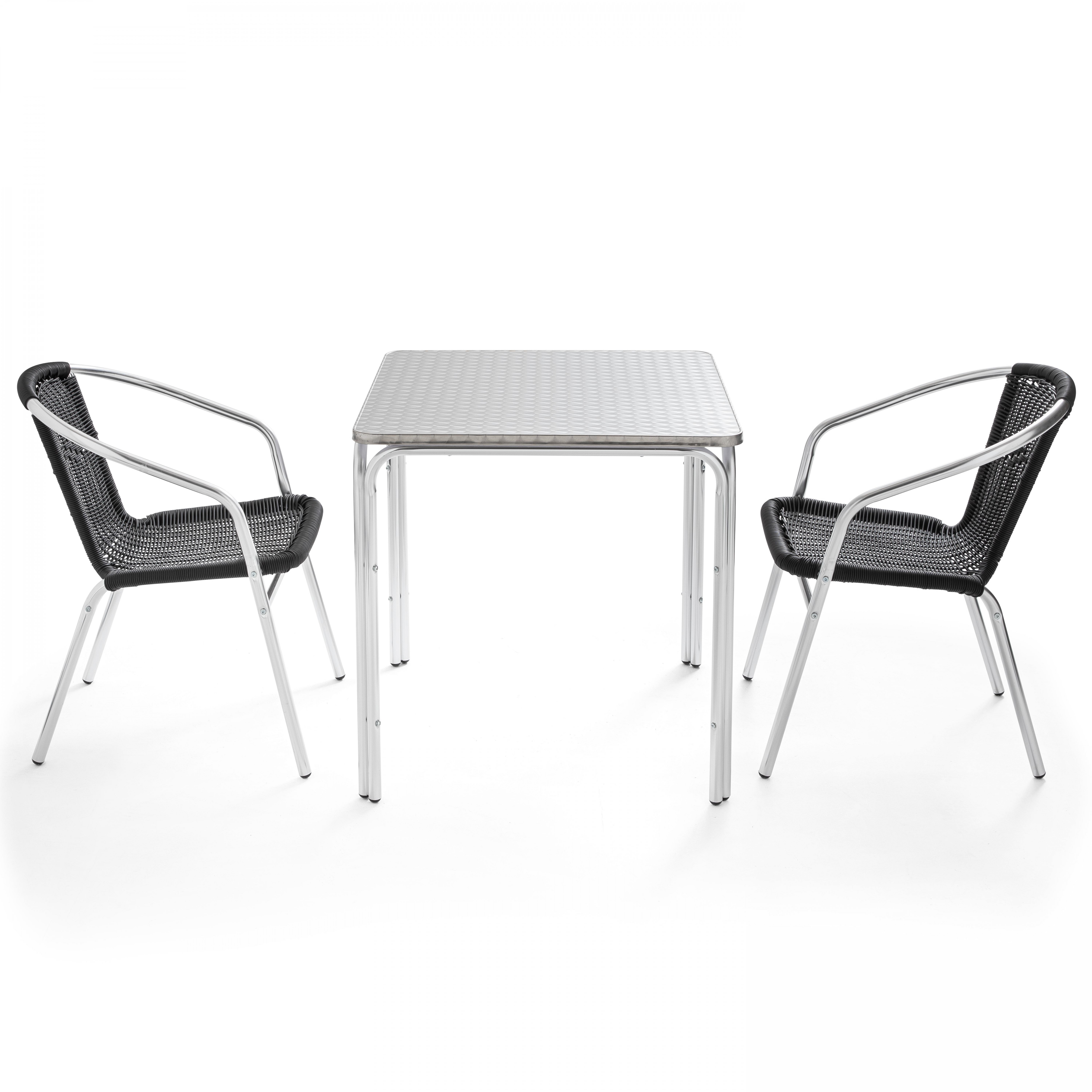 Table de jardin carrée 70 x 70 cm et 2 chaises avec accoudoirs en résine tressé empilables