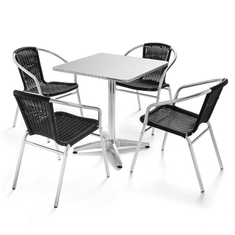 Table carrée alu et 4 fauteuils en résine NOIR CHR