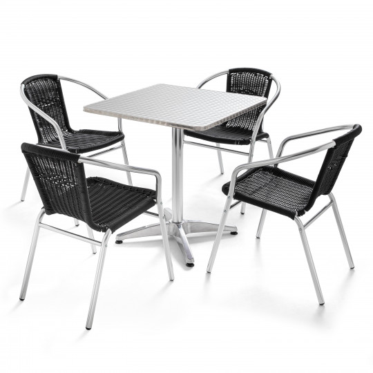 Table carrée alu et 4 fauteuils en résine NOIR CHR