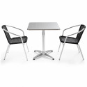 Table carré alu bistro et 2 chaises noires en résine