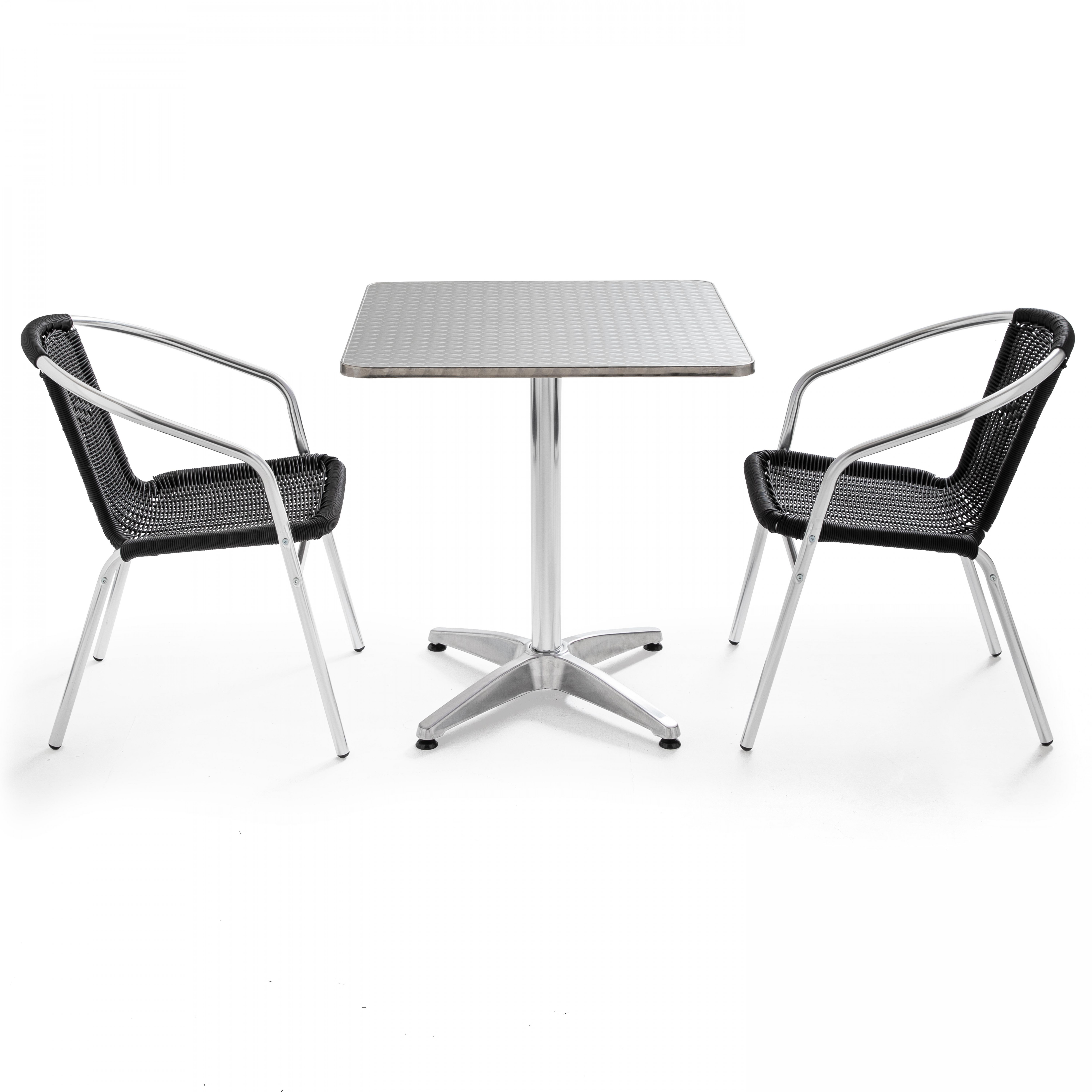 Table de jardin carrée et 2 chaises avec accoudoirs empilables en aluminium et résine tressée