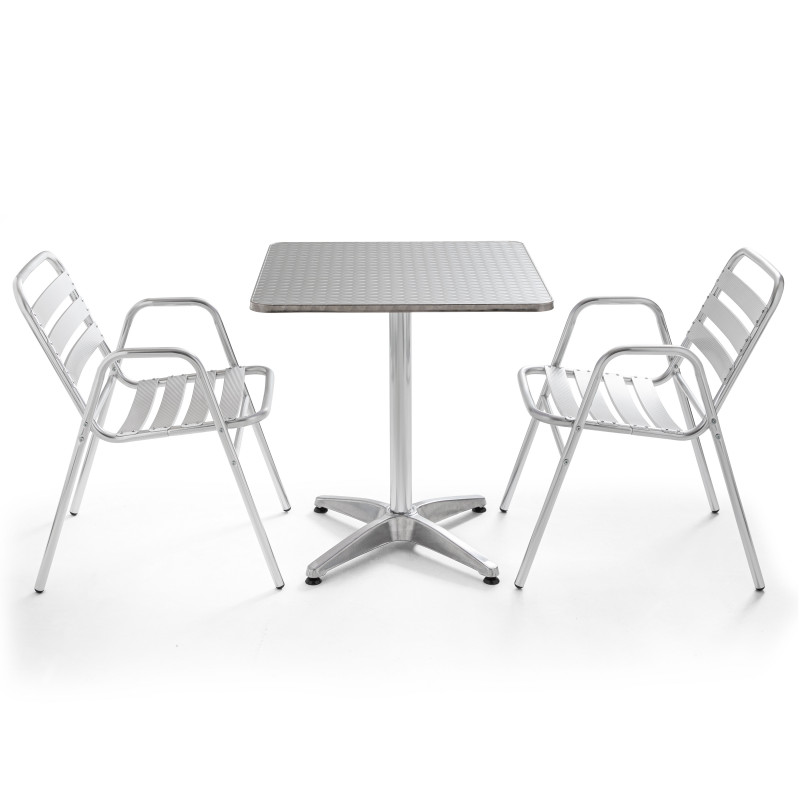 Table carrée alu CHR et 2 fauteuils