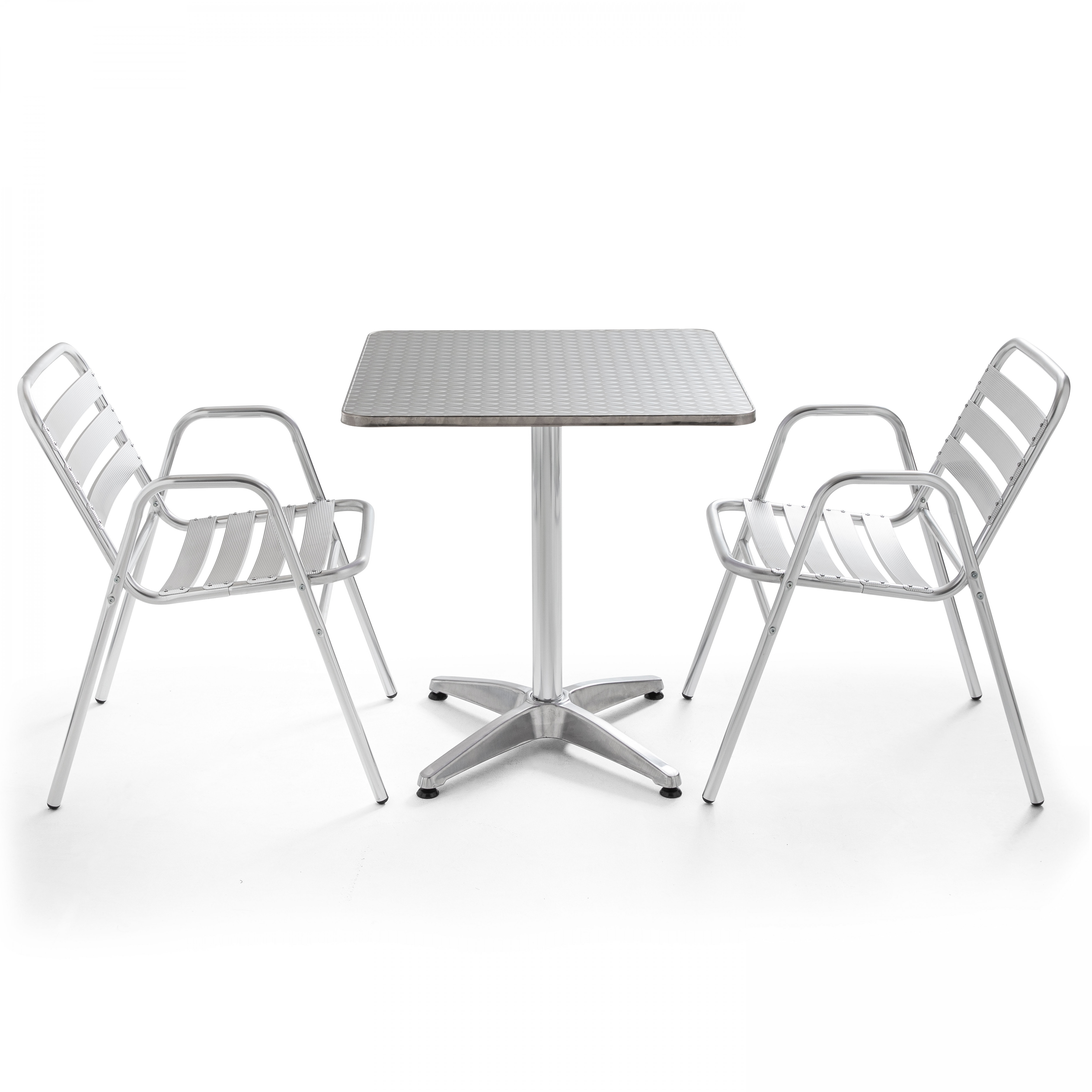 Table de jardin bistrot carrée aluminium et 2 chaises avec accoudoirs