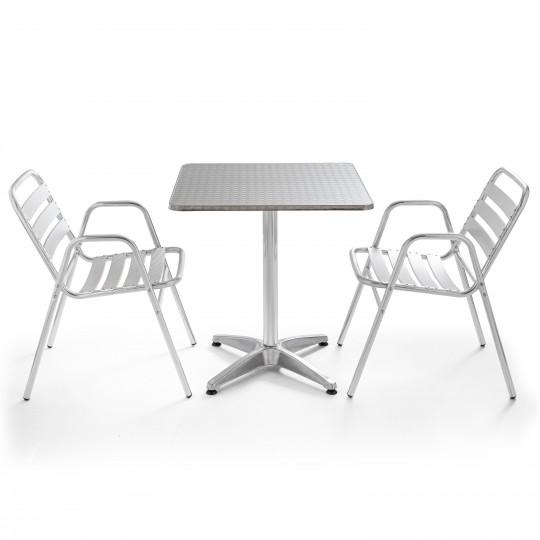 Table carrée alu CHR et 2 fauteuils