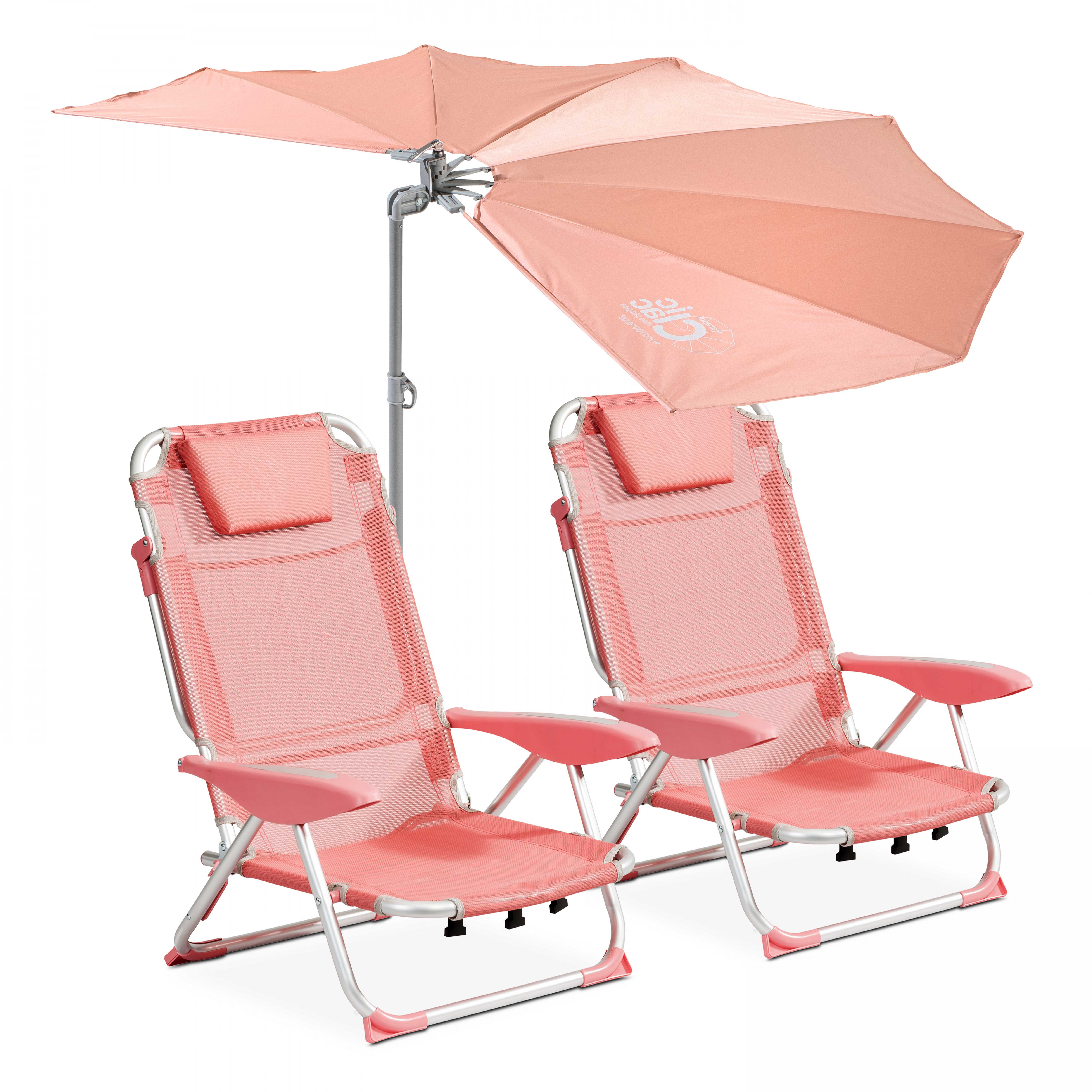 Lot de 2 chaises de plage pliantes et parasol rétractable