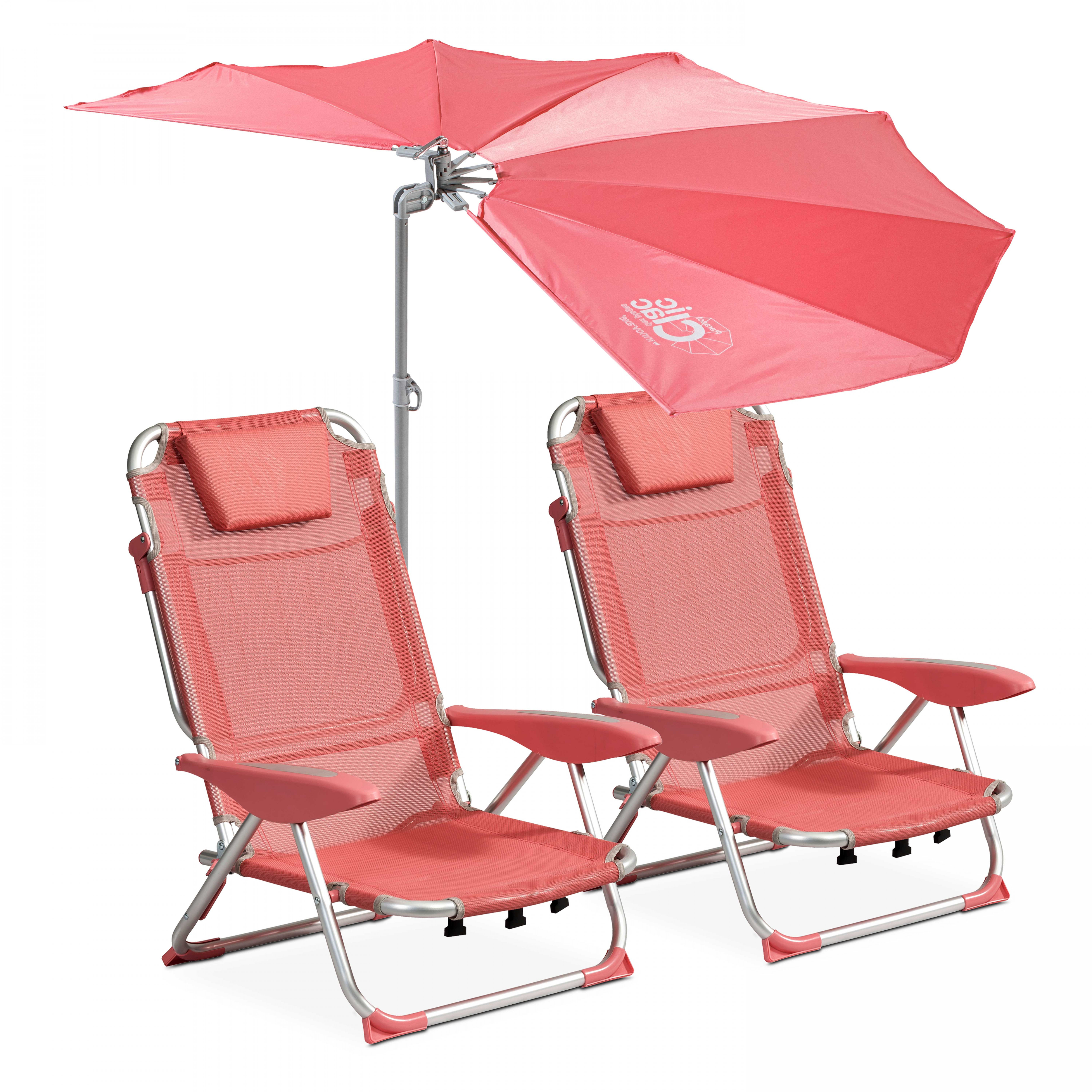 Lot de 2 chaises de plage pliantes et parasol rétractable