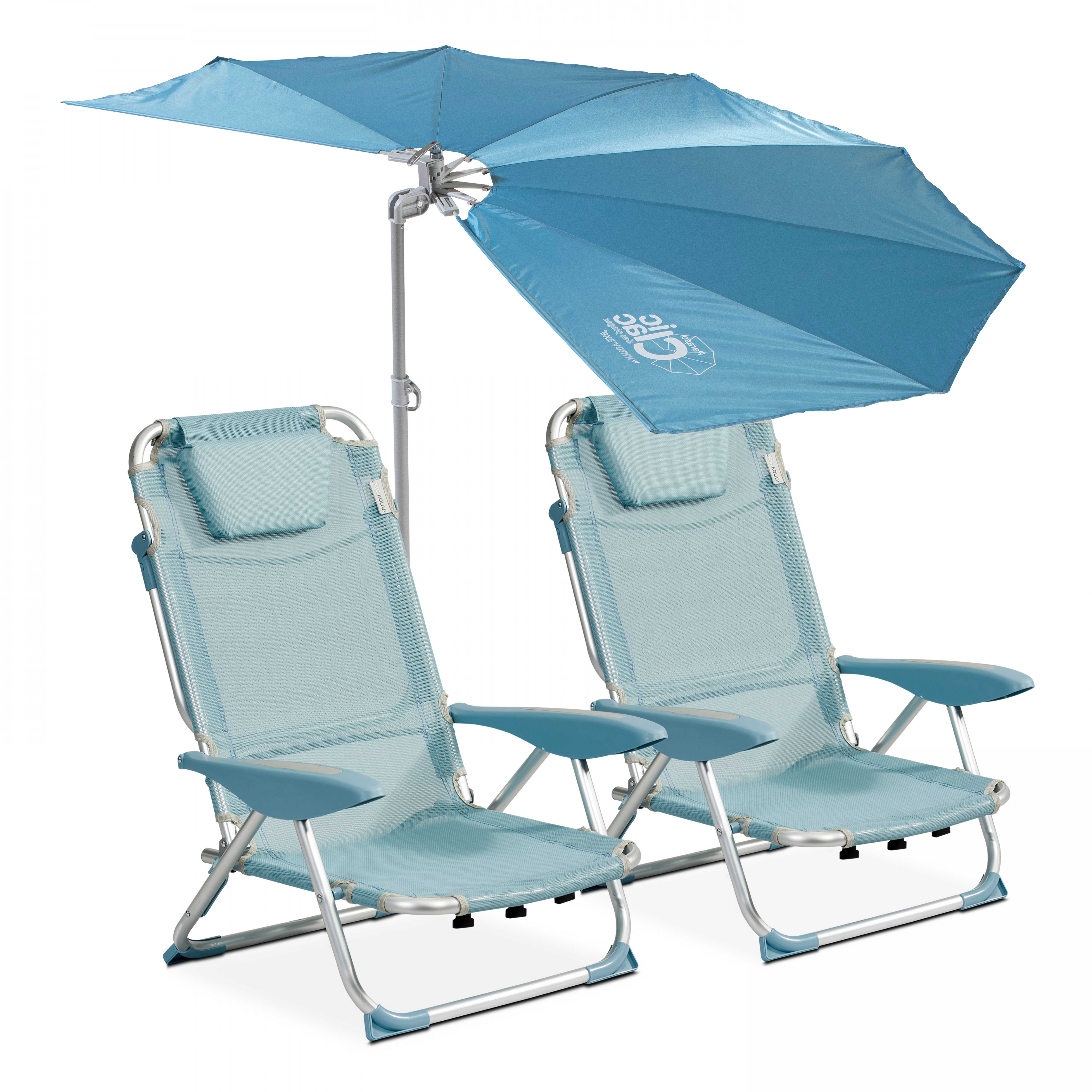 Lot de 2 chaises de plage pliantes et parasol rétractable