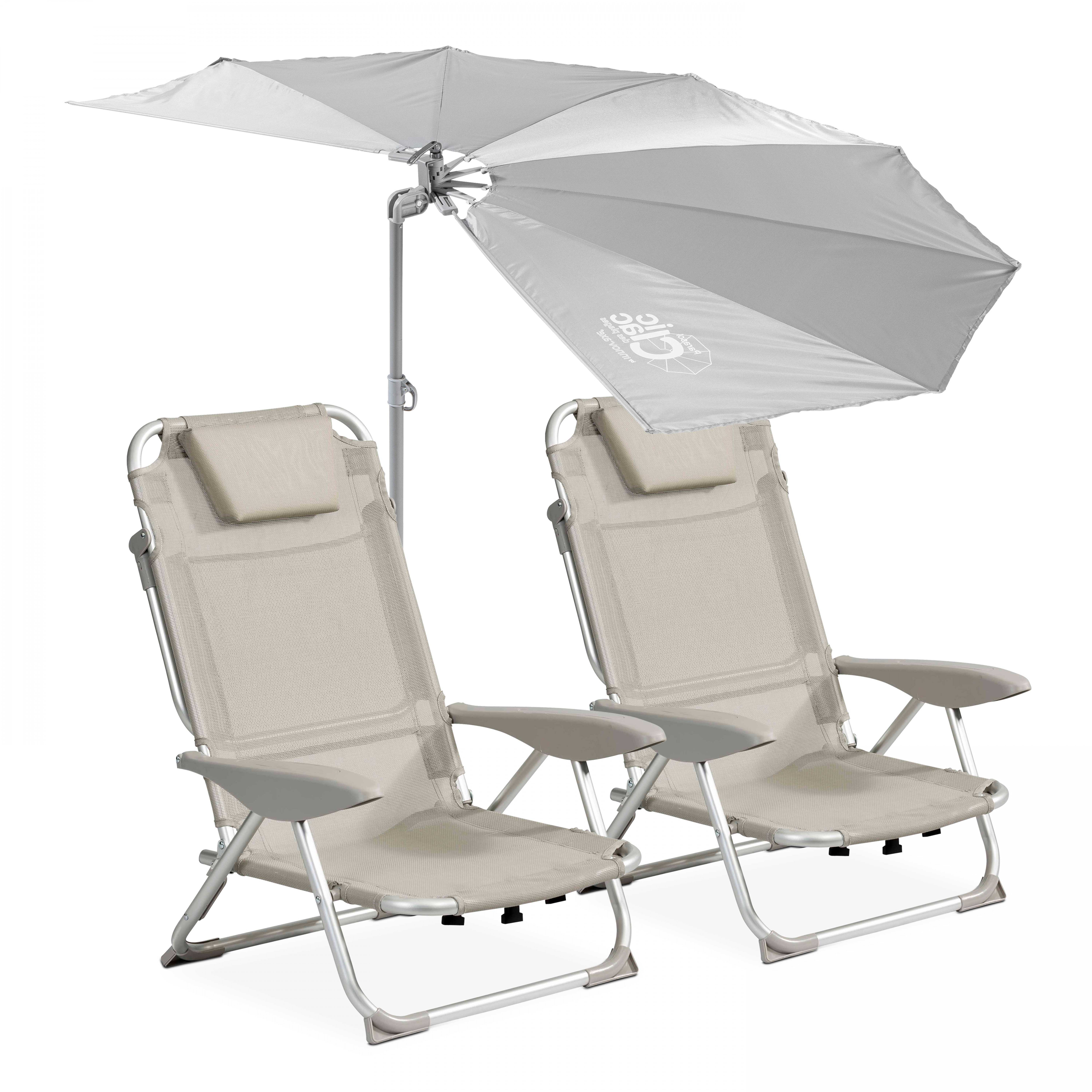 Lot de 2 chaises de plage pliantes et parasol rétractable