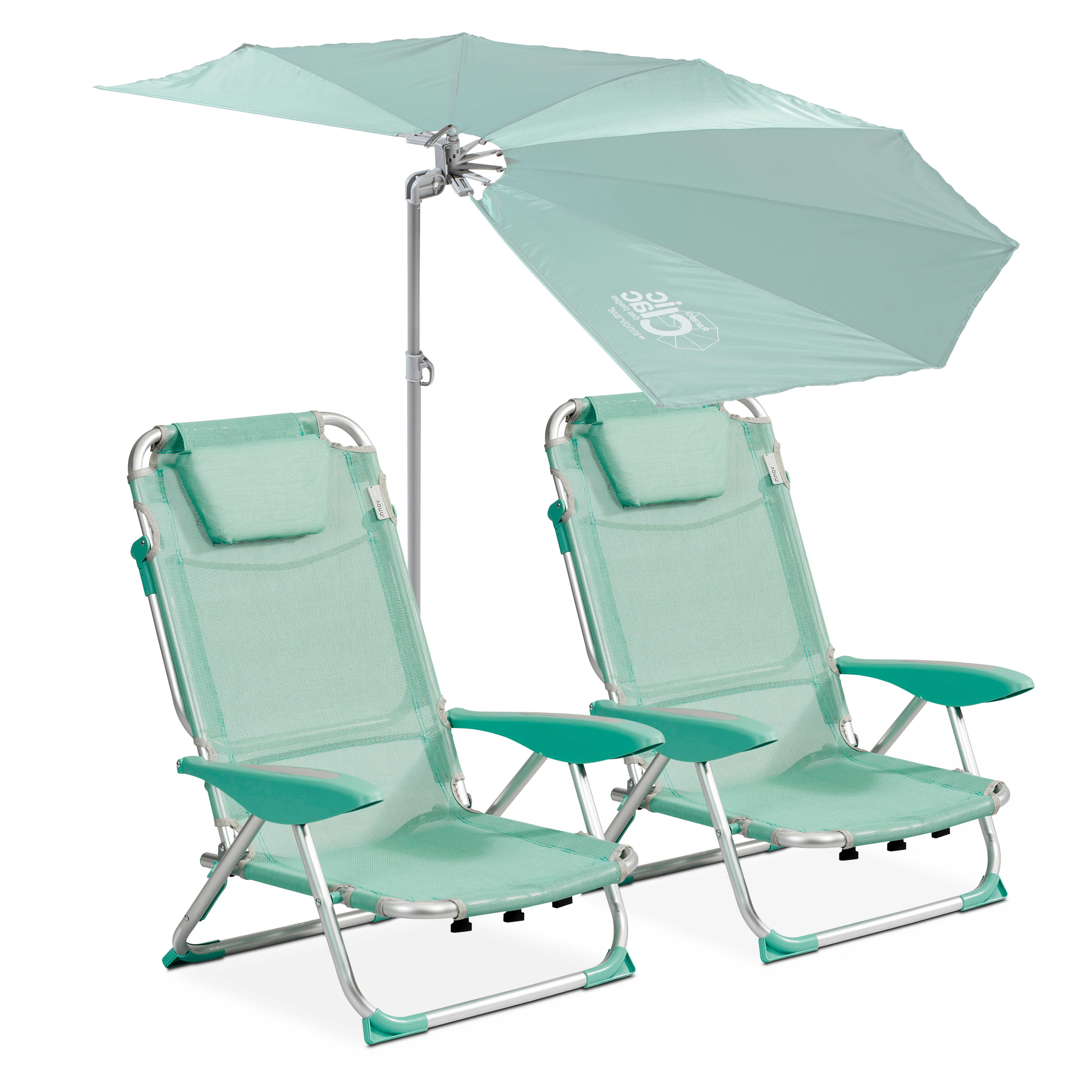 Lot de 2 chaises de plage pliantes et parasol rétractable