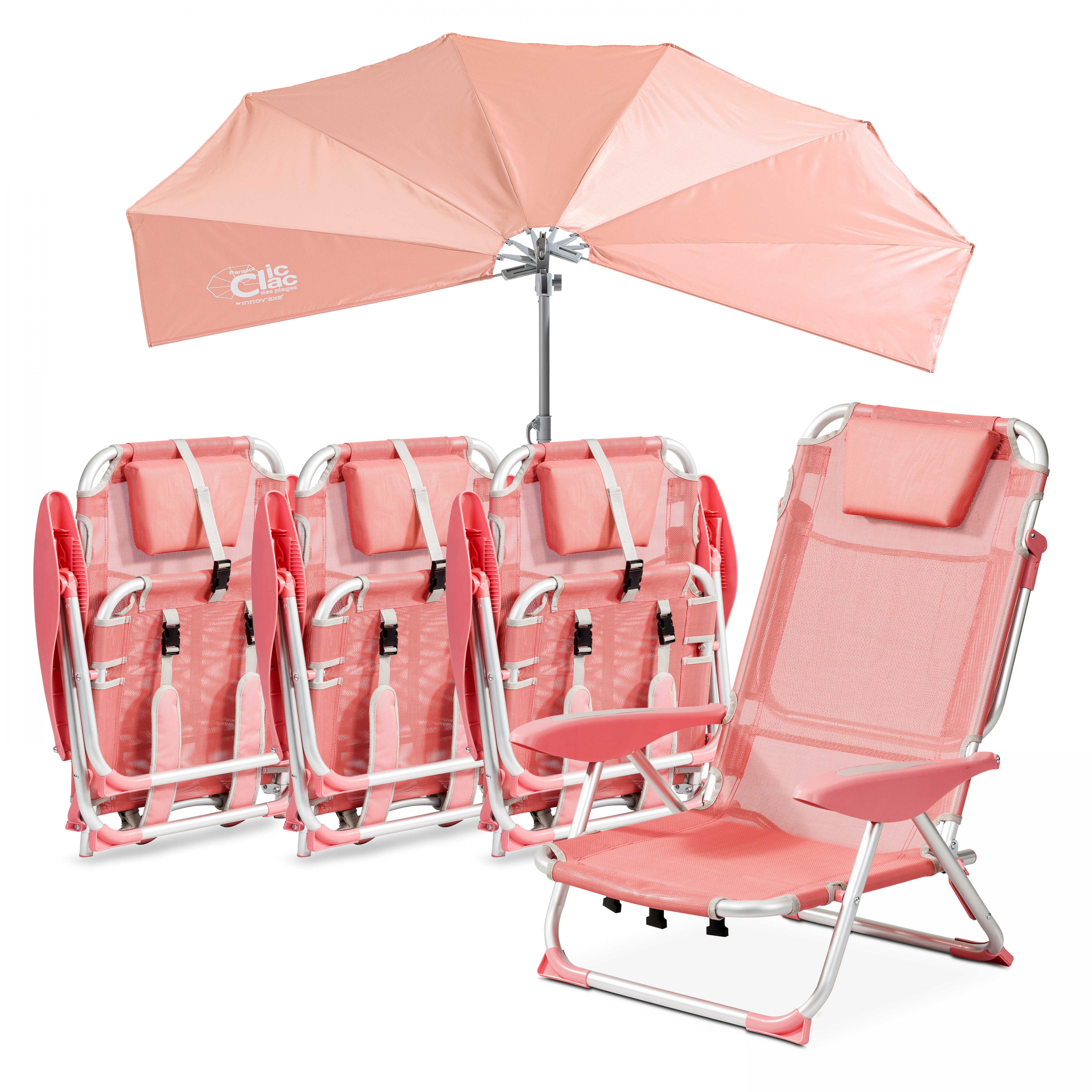 Lot de 4 chaises de plage pliantes et parasol rétractable