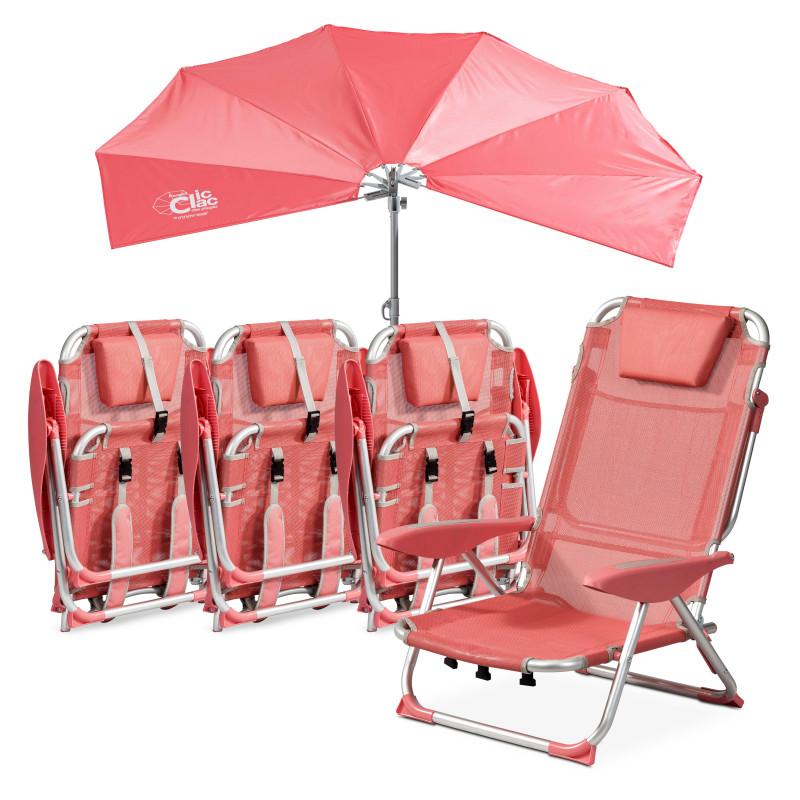Lot de 4 fauteuils de plage et 1 parasol ROSE Lot de 4 fauteuils de plage et 1 parasol ROSE
