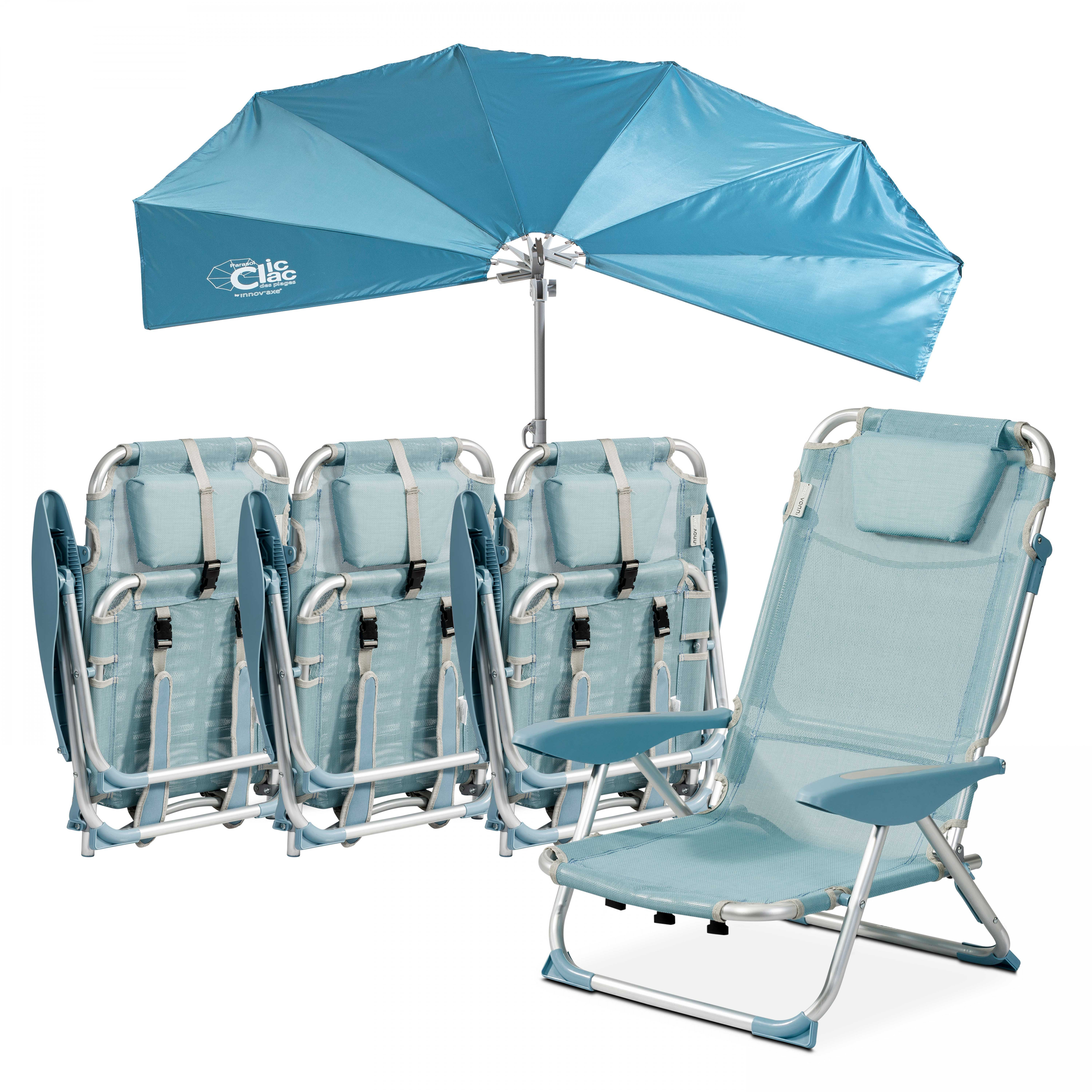 Lot de 4 chaises de plage pliantes et parasol rétractable
