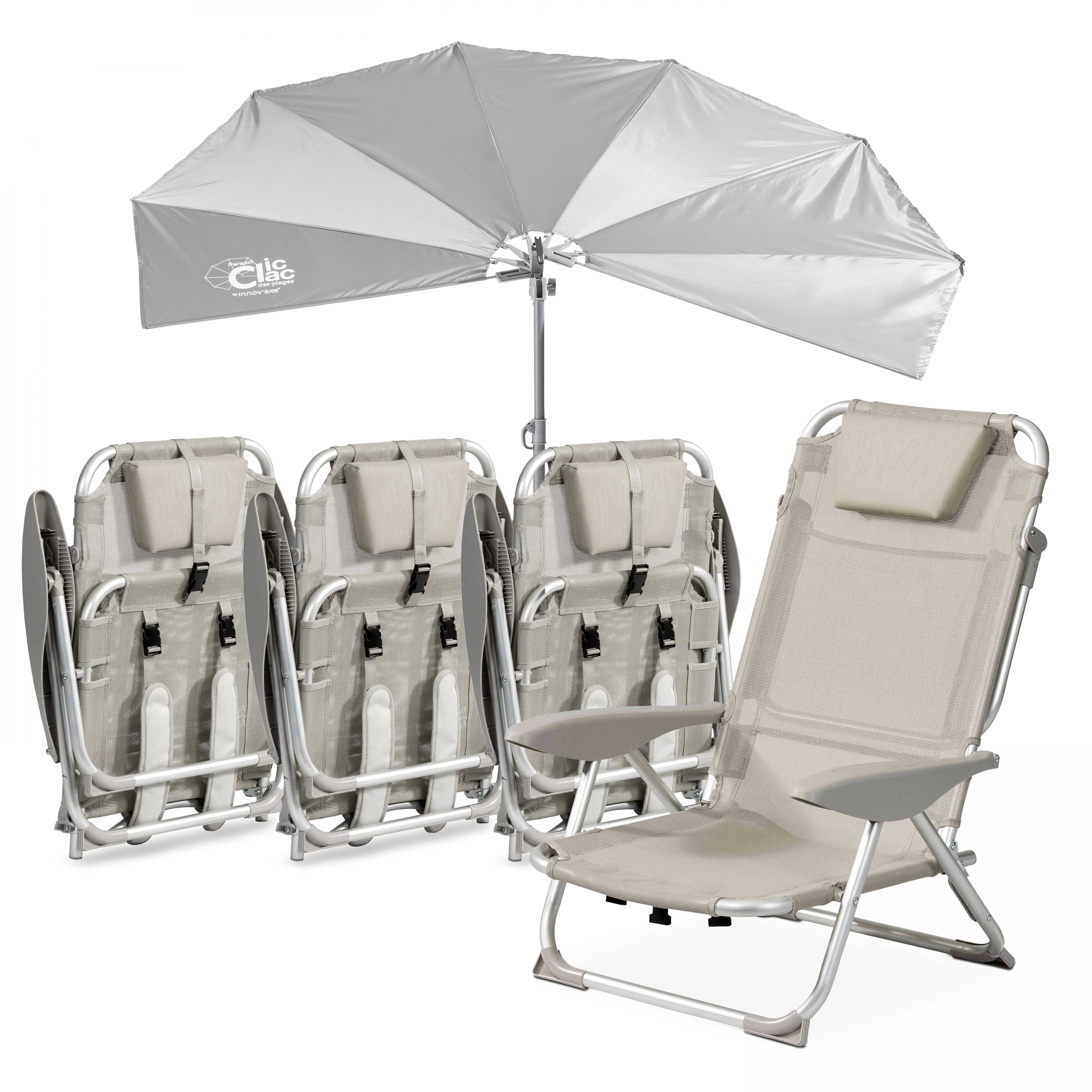 Lot de 4 chaises de plage pliantes et parasol rétractable