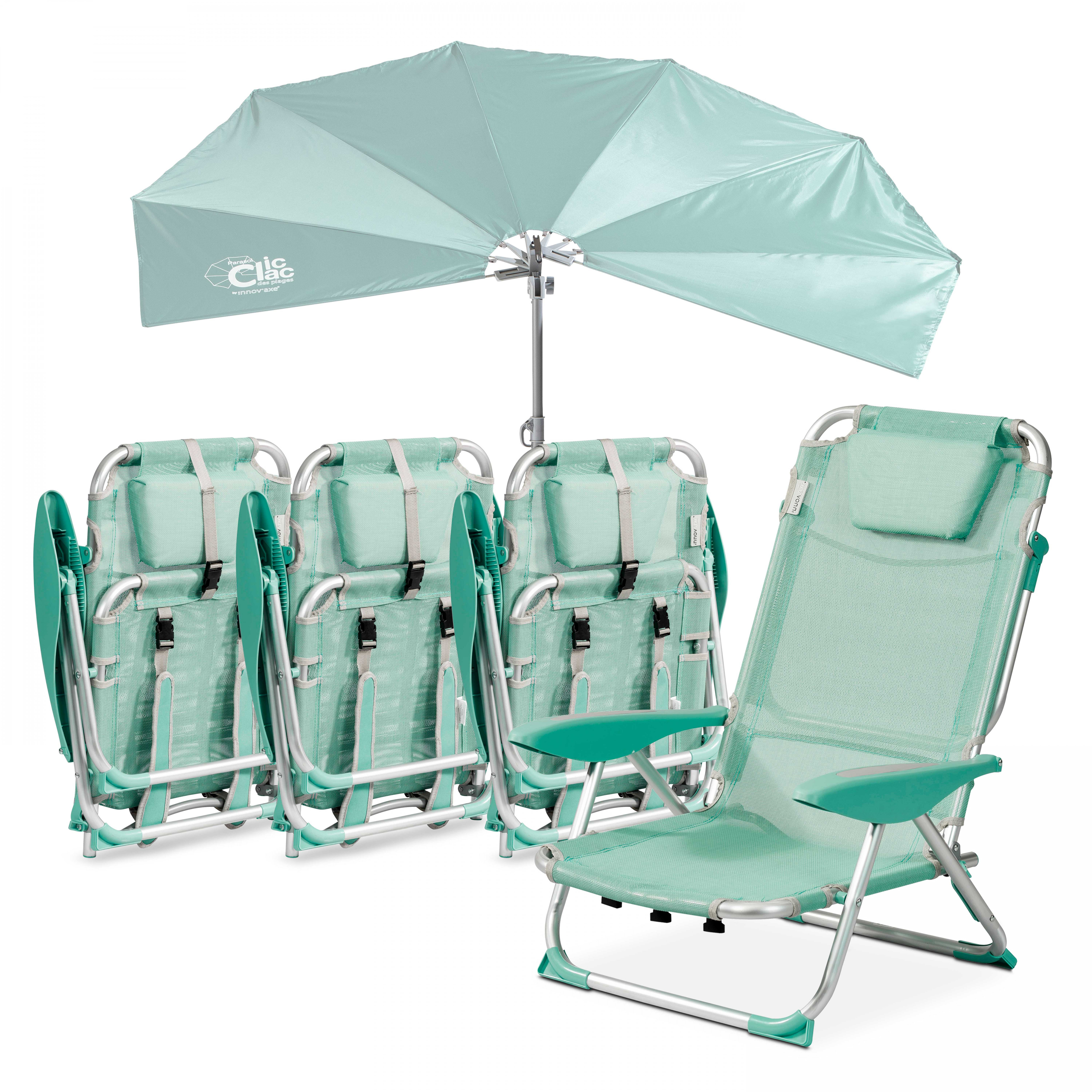 Lot de 4 chaises de plage pliantes et parasol rétractable