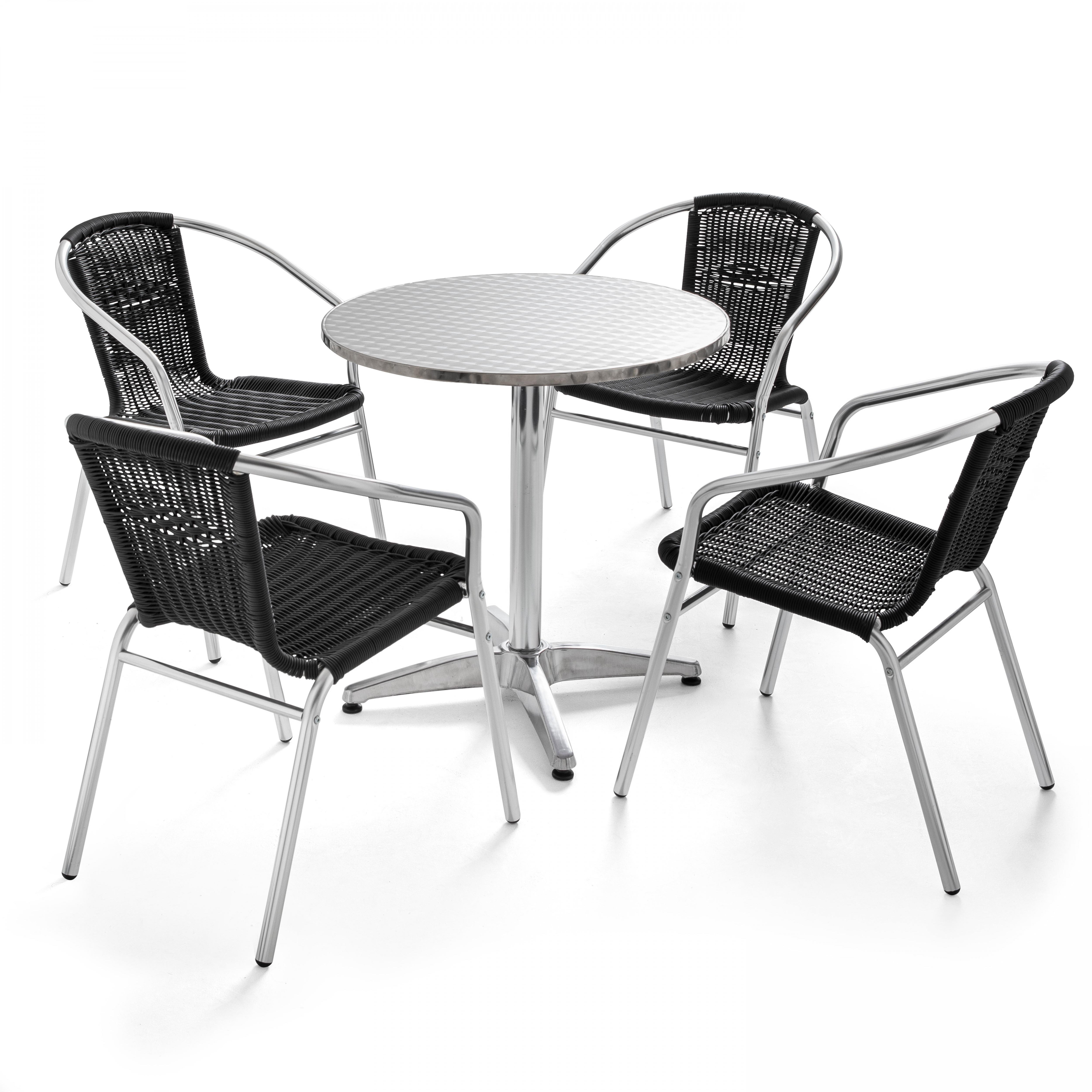 Table de jardin ronde et 4 chaises avec accoudoirs en aluminium et résine