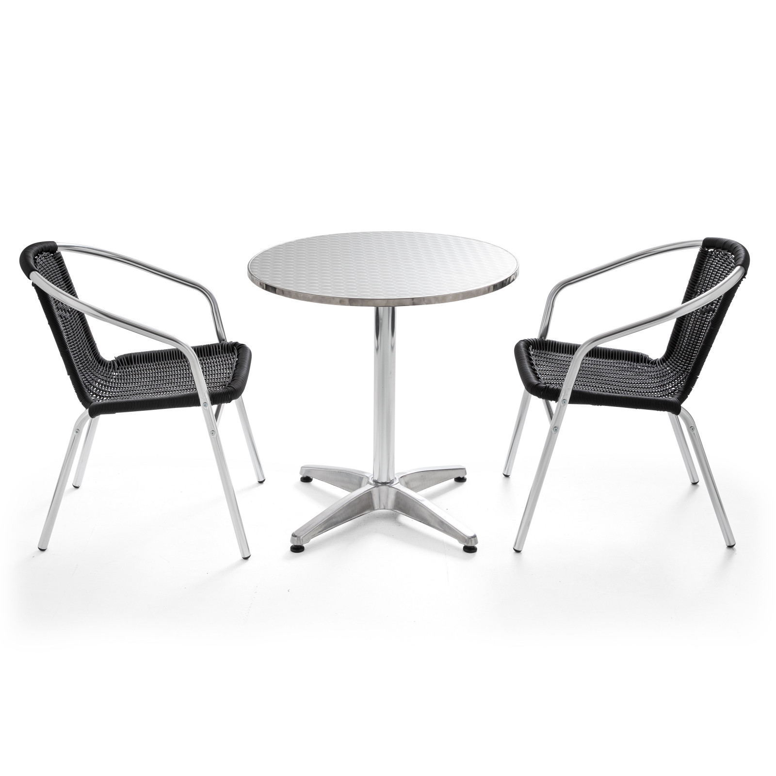 Table ronde CHR en alu et 2 fauteuils en résine noir