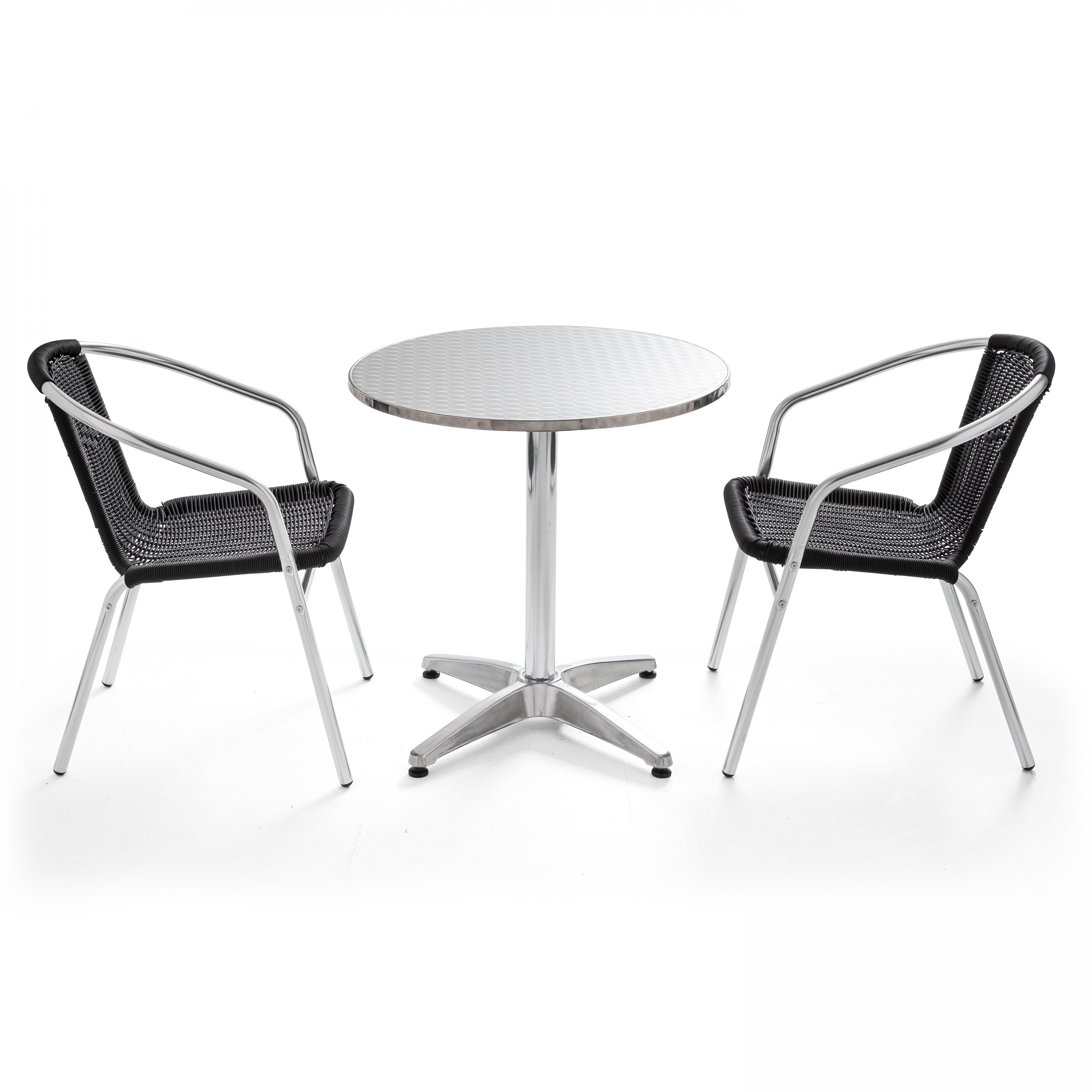 Table de jardin ronde (?70 cm) en aluminium et 2 chaises avec accoudoirs