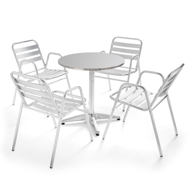 Table ronde alu CHR et 4 fauteuils en aluminium