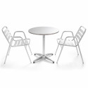 Table ronde bistro en alu et 2 fauteuils gris empilables