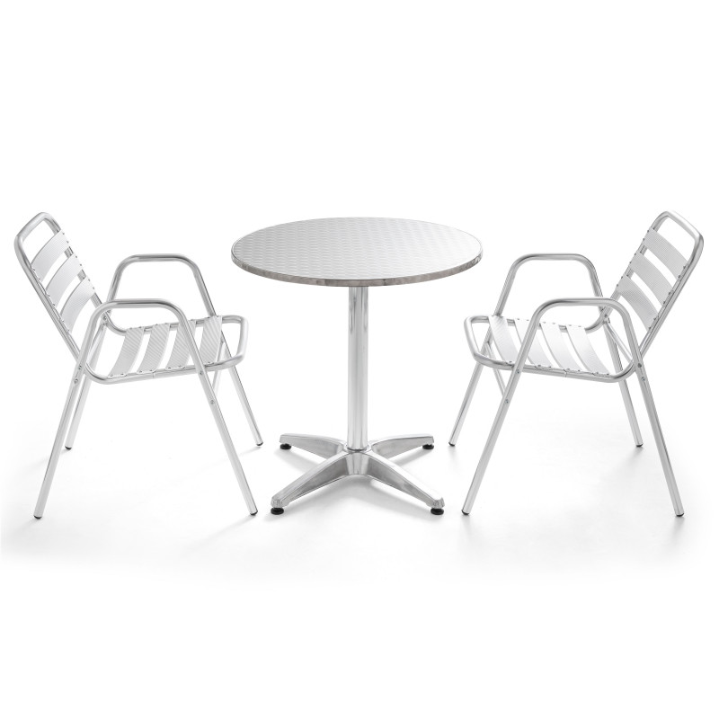 Table ronde bistro en alu et 2 fauteuils gris empilables