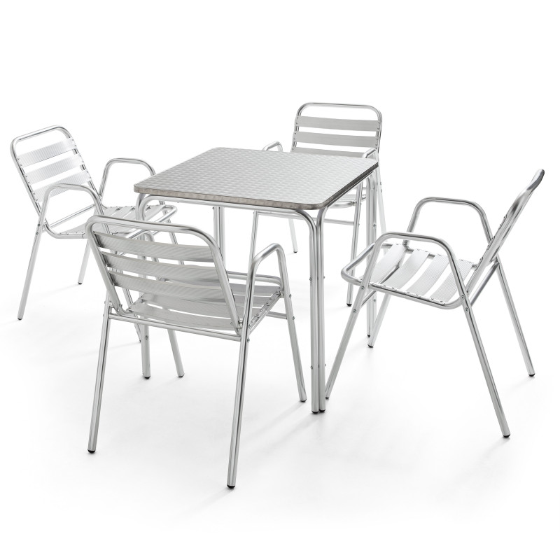 Table carrée CHR en alu et 4 fauteuils de terrasse empilables