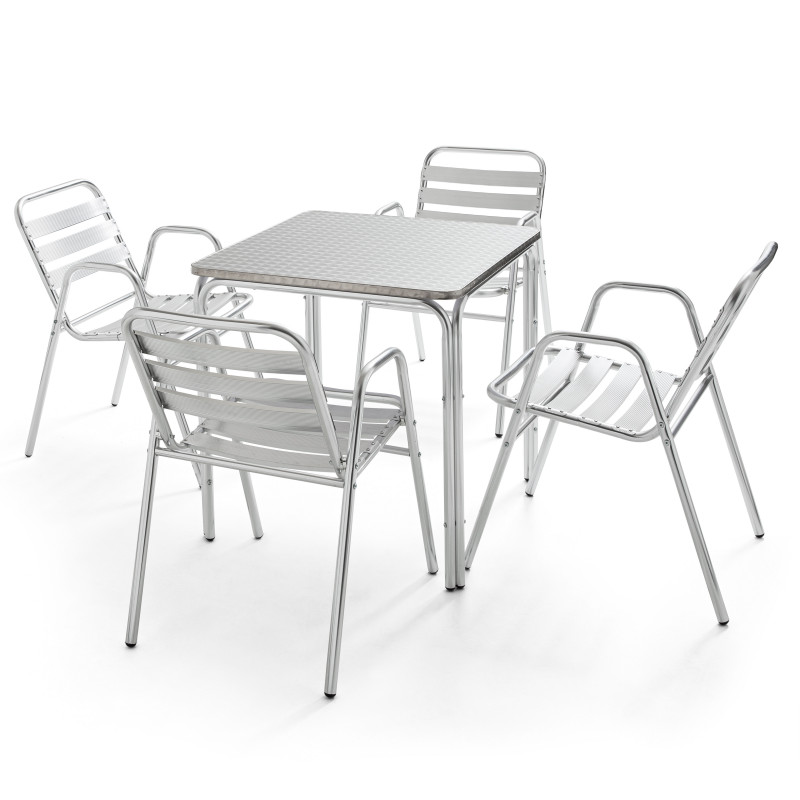 Table carrée CHR en alu et 4 fauteuils de terrasse empilables