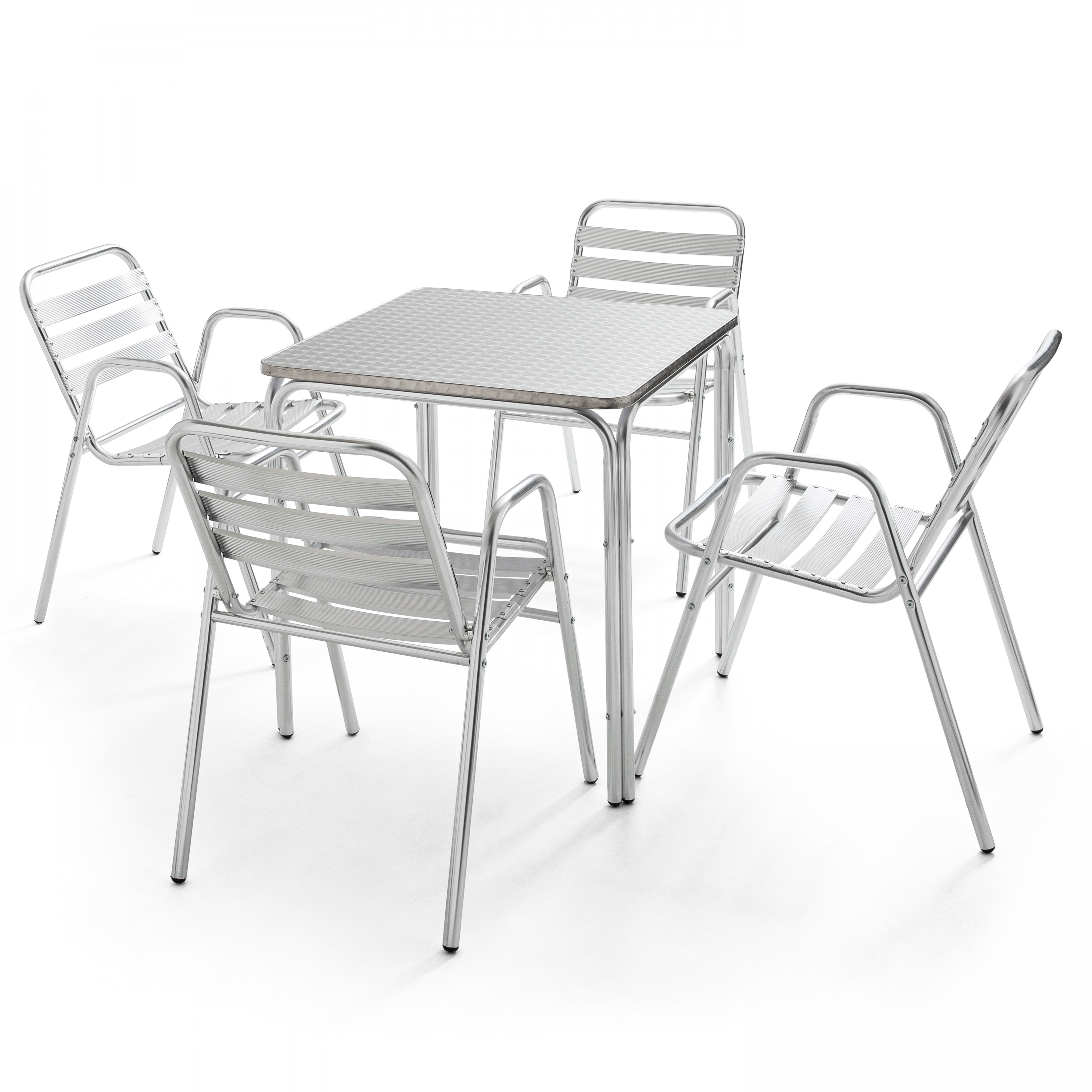 Table de jardin carrée 70 x 70 cm en aluminium et 4 chaises avec accoudoirs empilables