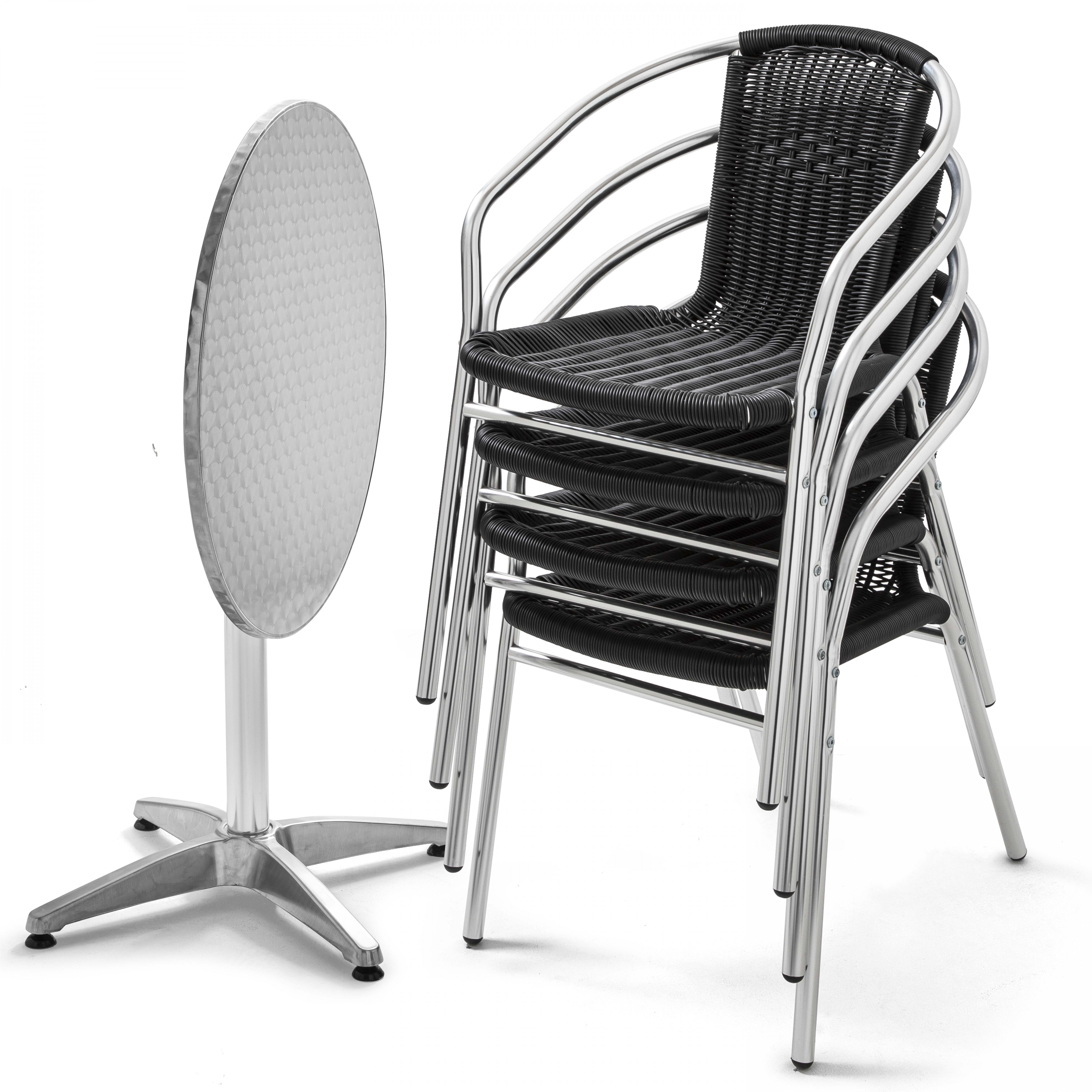 Table de jardin ronde et 4 chaises avec accoudoirs en aluminium et résine