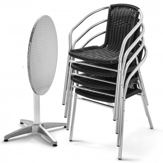 Table bistro CHR pliante et 4 fauteuils en résine noir
