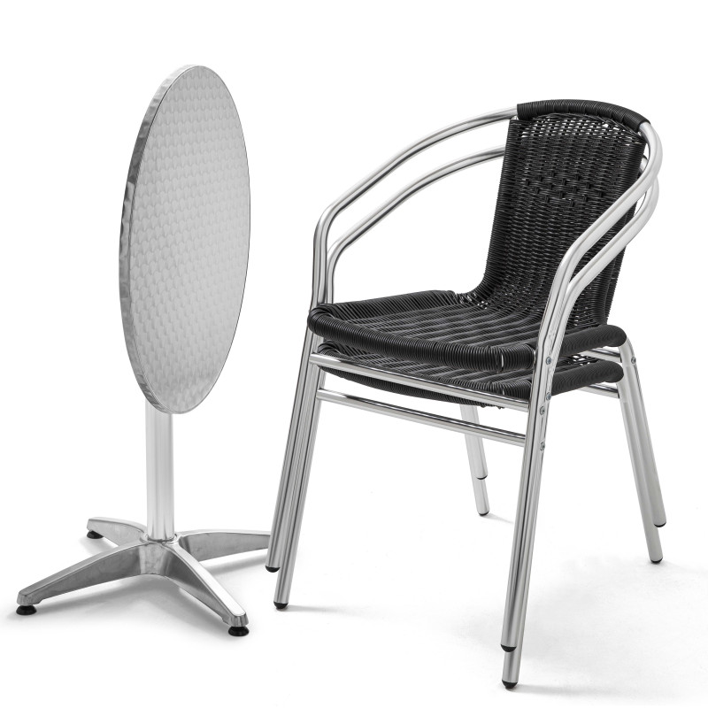 Table ronde alu CHR et 2 fauteuils en résine noir