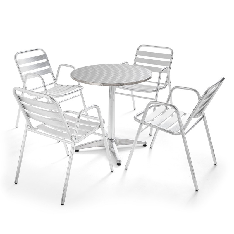 Table ronde bistro CHR et 4 fauteuils en aluminium