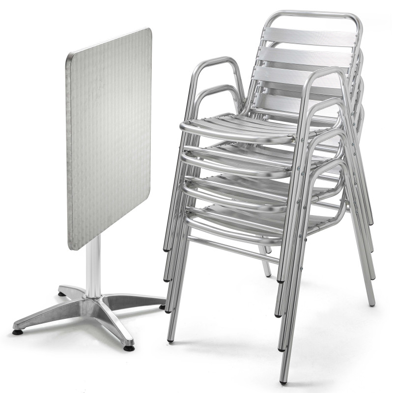 Table carrée terrasse CHR et 4 fauteuils empilables en aluminium Table carrée terrasse CHR et 4 fauteuils empilables en aluminium