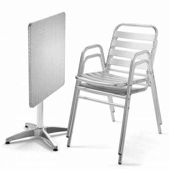 Table carrée rabattable terrasse CHR et 2 fauteuils empilables