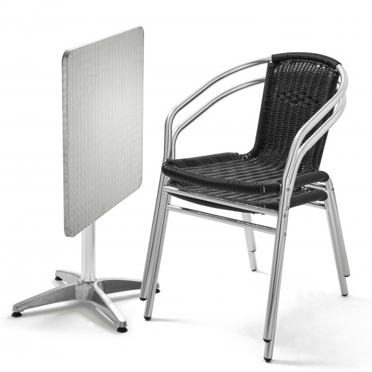 Table carrée alu CHR et 2 fauteuils résine noire