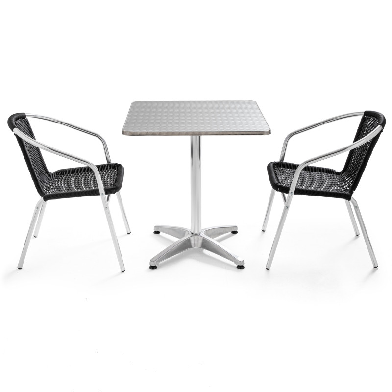 Table carrée bistro CHR et 2 fauteuils noirs empilables
