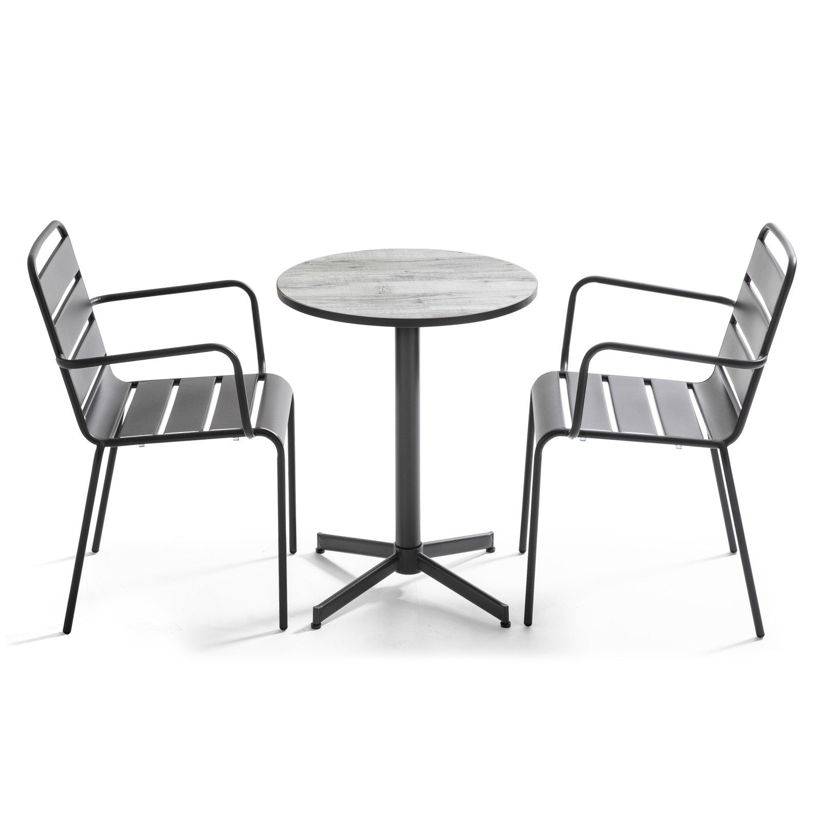 Table bistro ronde plateau céramique effet bois et 2 fauteuils