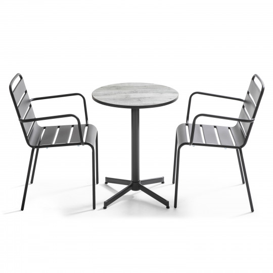 Table bistro ronde plateau céramique effet bois et 2 fauteuils
