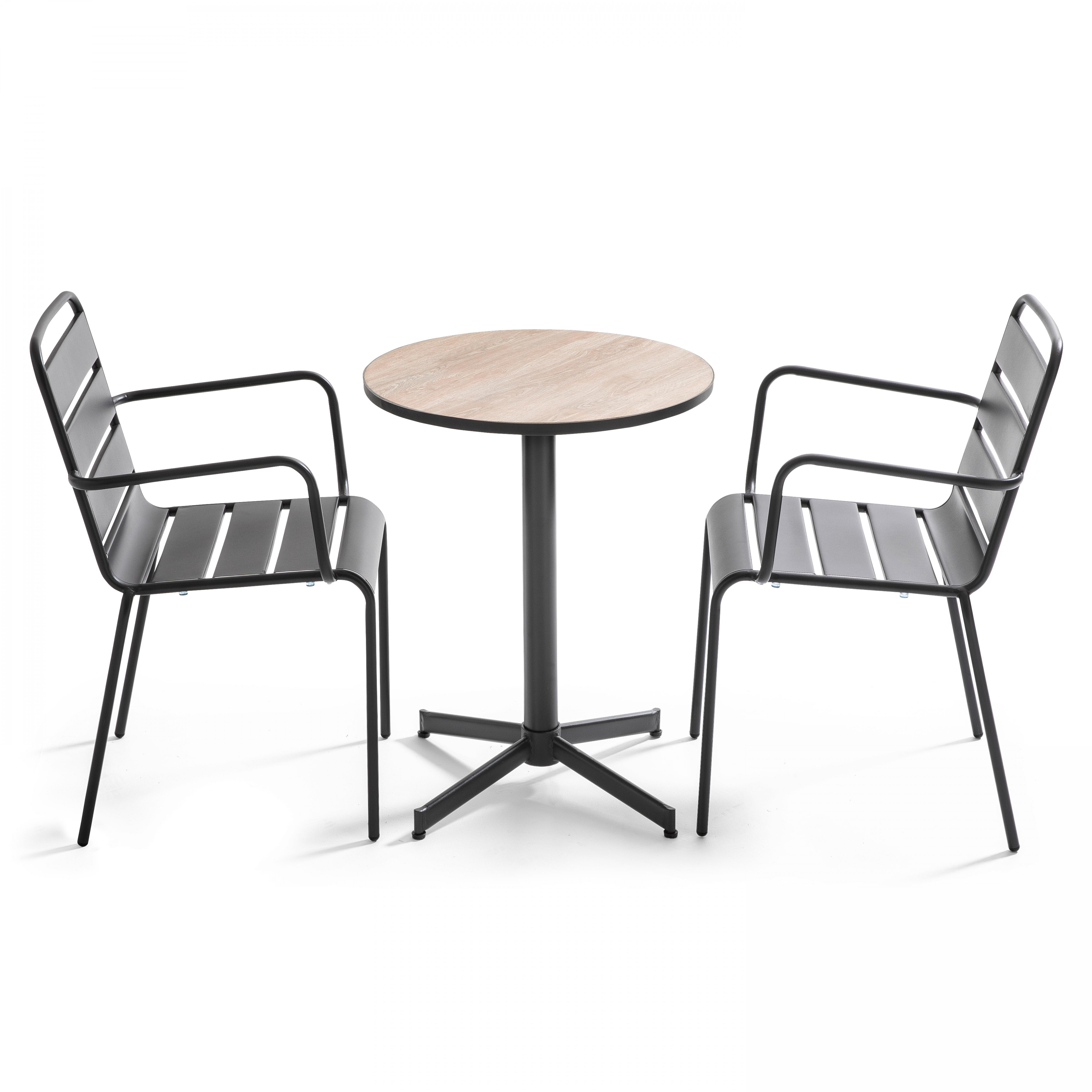 Ensemble table ronde avec plateau en céramique (ø60 x 72 cm) et 2 chaises avec accoudoirs en métal