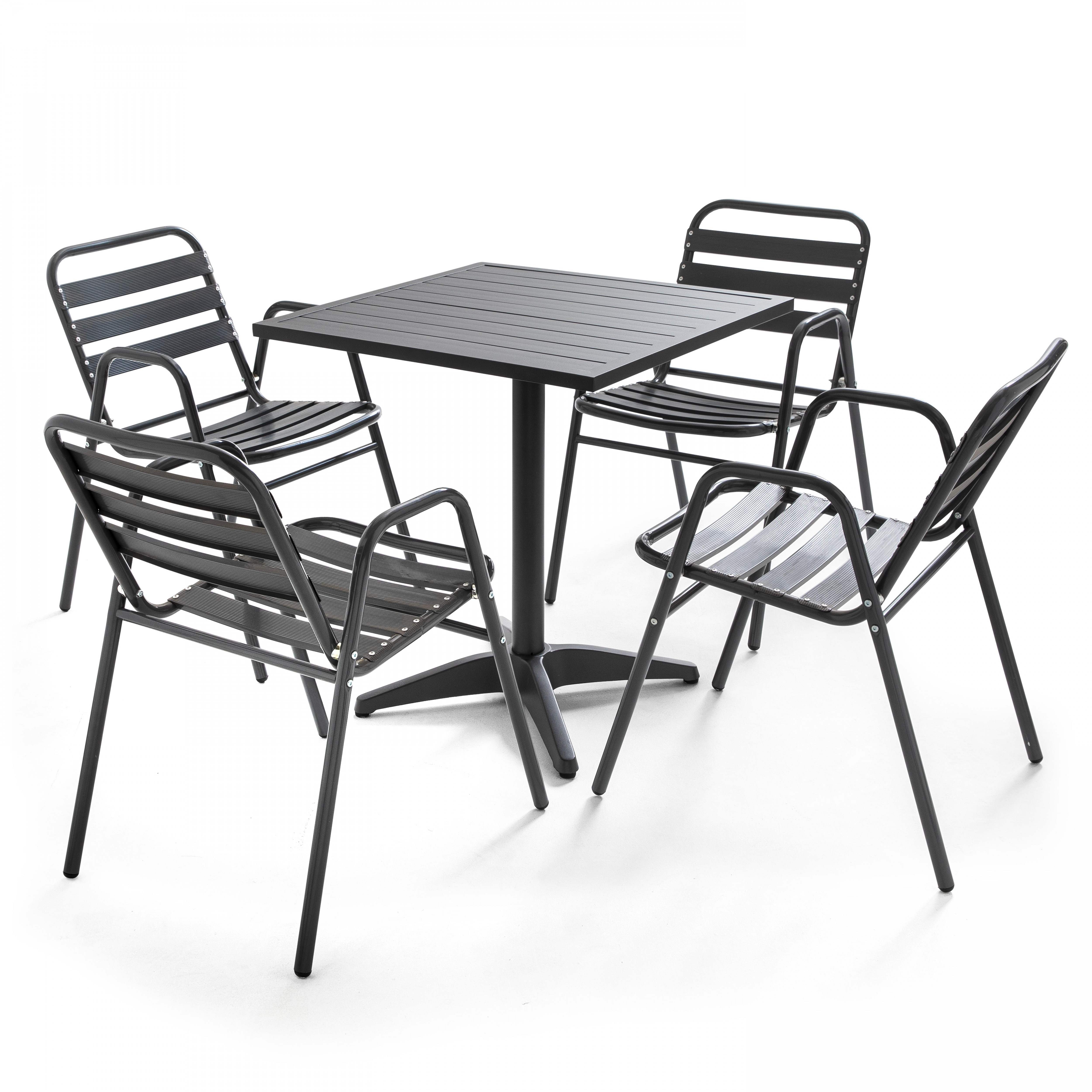 Table de jardin bistrot gris et 4 chaises avec accoudoirs en aluminium