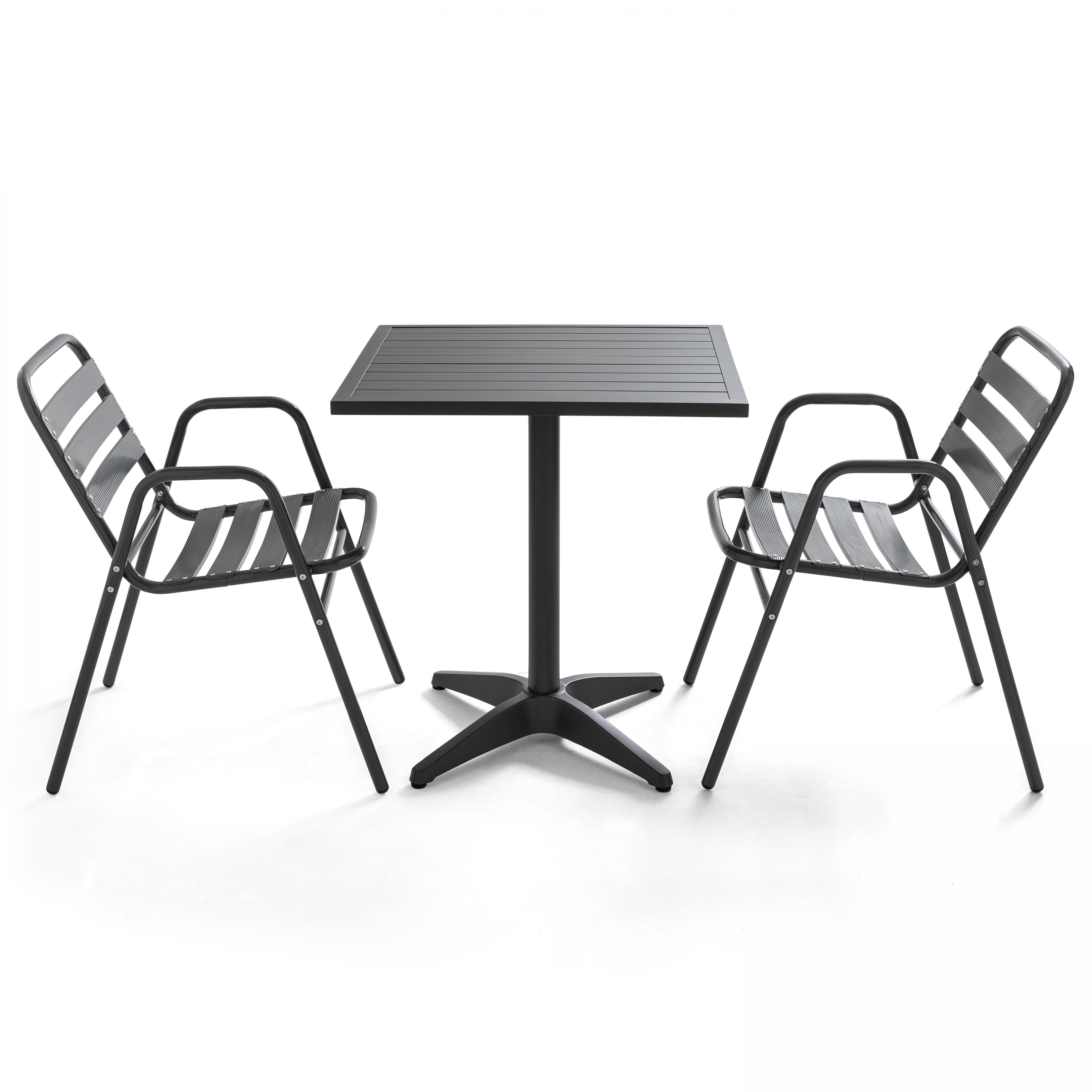 Table de jardin bistrot gris et 2 chaises avec accoudoirs en aluminium