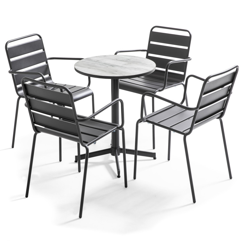 Table bistro ronde métal et céramique effet bois gris et 4 fauteuils gris