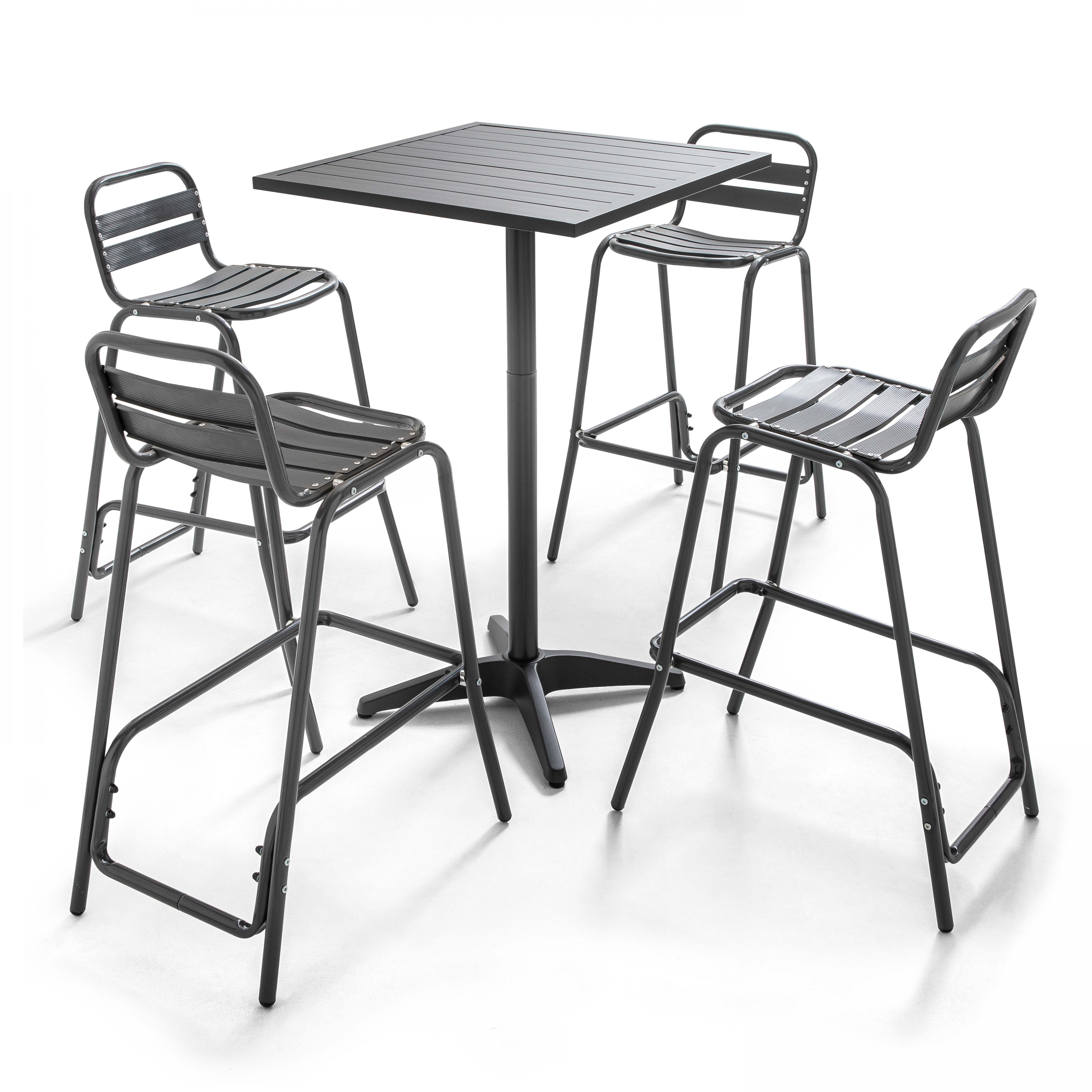 Table de jardin grise mange-debout et 4 chaises hautes en aluminium