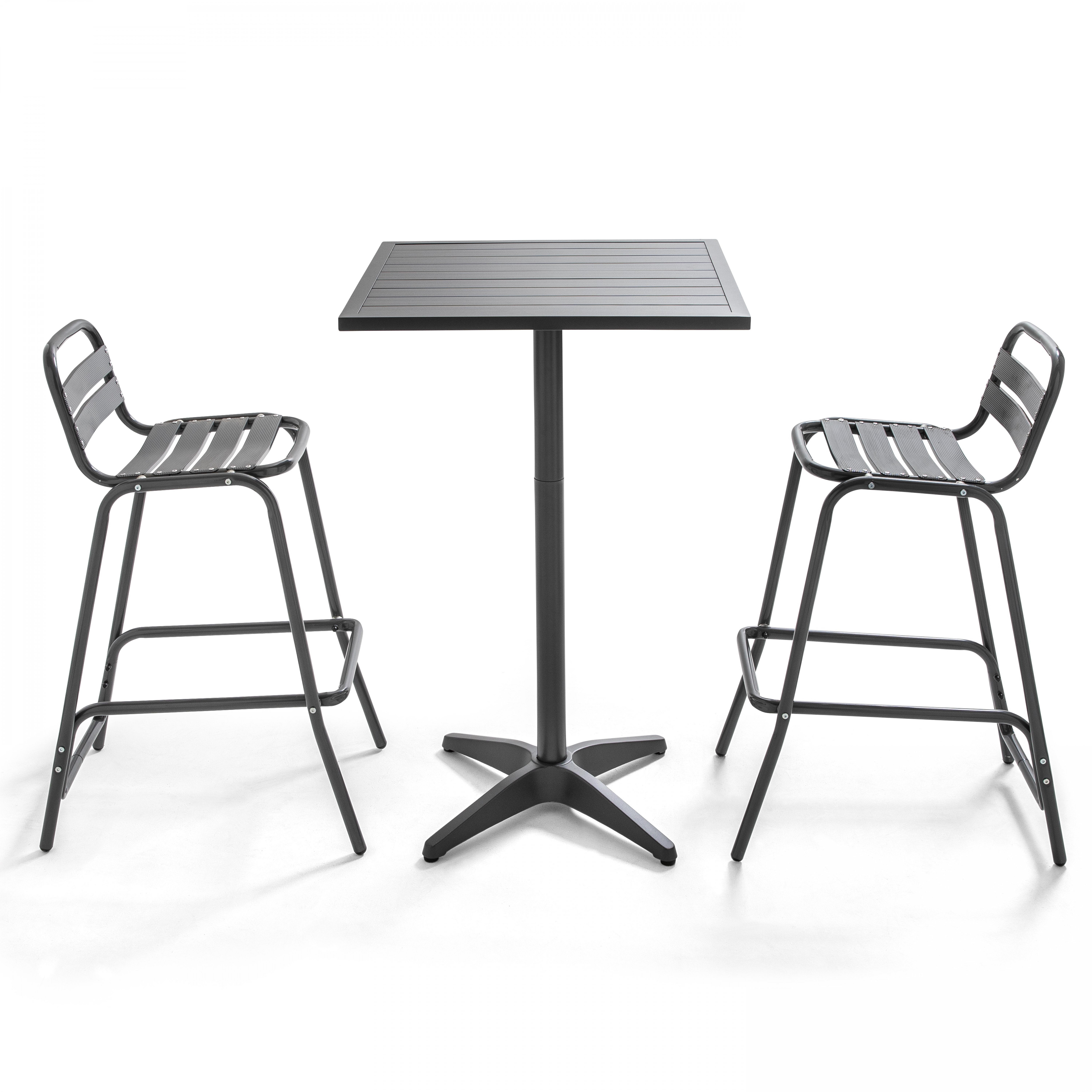 Table de jardin grise mange-debout et 2 chaises hautes en aluminium
