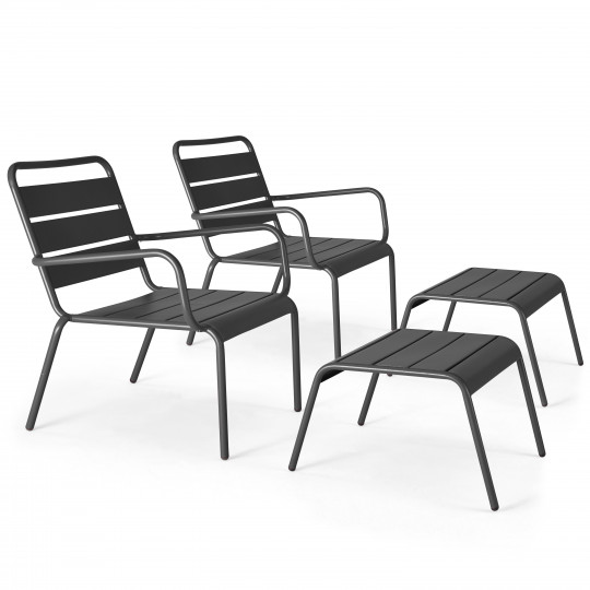 Lot de 2 fauteuils bas et repose-pieds en métal (1/7)
